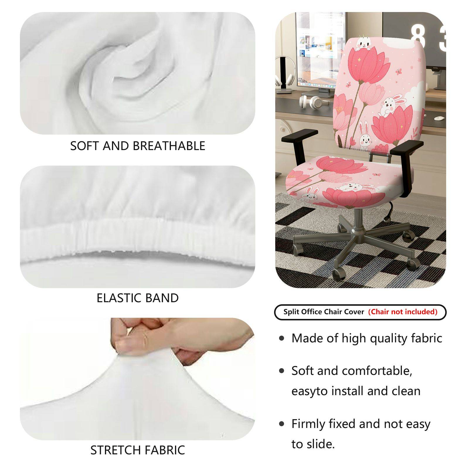 2-Piece Pink Flower Rabbit Cute Spring  Computer Chair Cover Set, Seat and Backrest