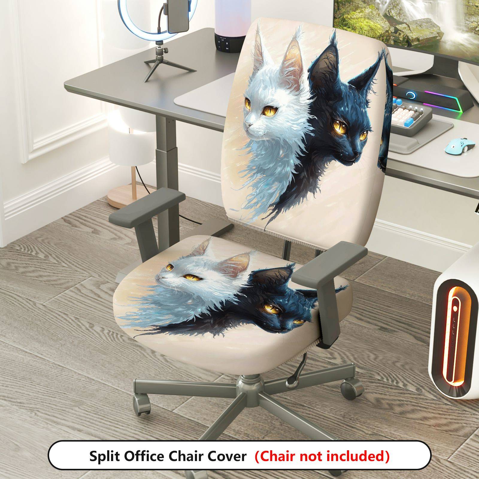 2-Piece Artistic Dual Cats Ink Painting Stylish Modern Unique  Computer Chair Cover Set, Seat and Backrest