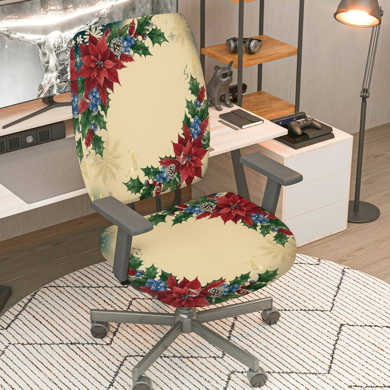 2-Piece Christmas Holiday Floral Red Poinsettia Pattern  Computer Chair Cover Set, Seat and Backrest