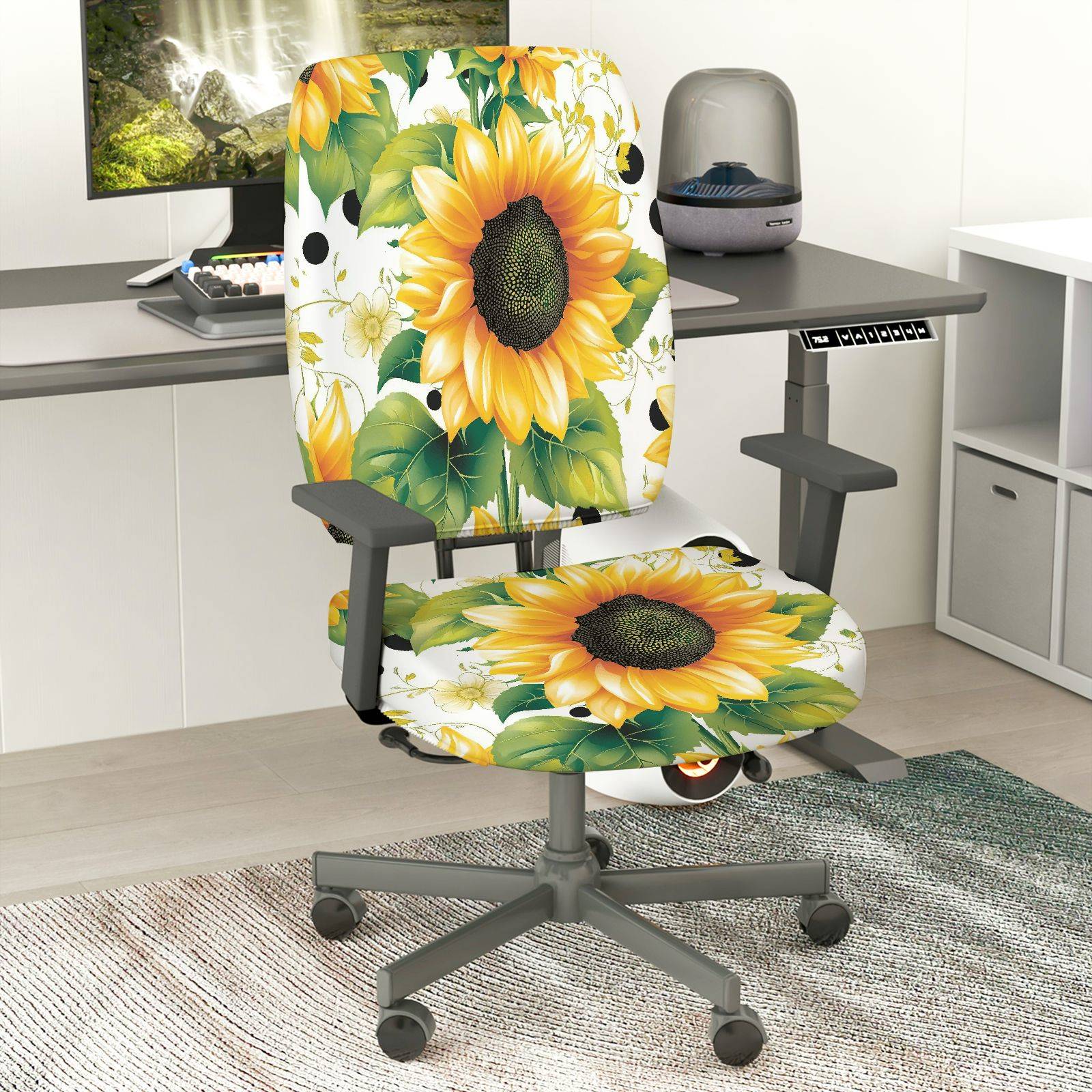 2-Piece Floral Sunflower Nature Art  Computer Chair Cover Set, Seat and Backrest