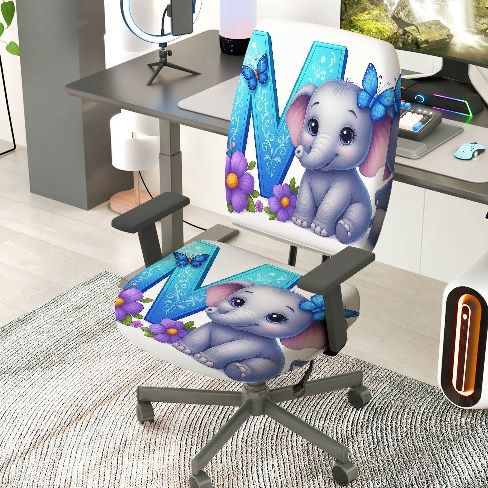 2-Piece Cute Elephant Butterfly Flower  Computer Chair Cover Set, Seat and Backrest