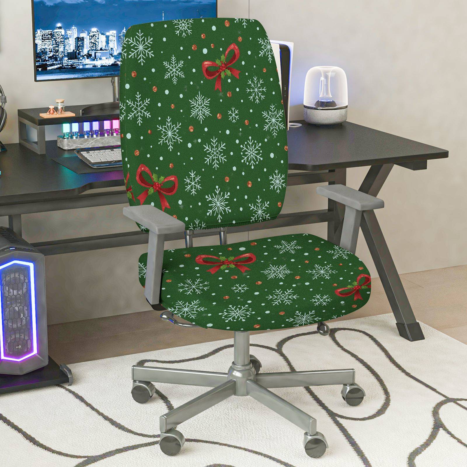 2-Piece Christmas Holiday Festive Snowflake Bow  Computer Chair Cover Set, Seat and Backrest