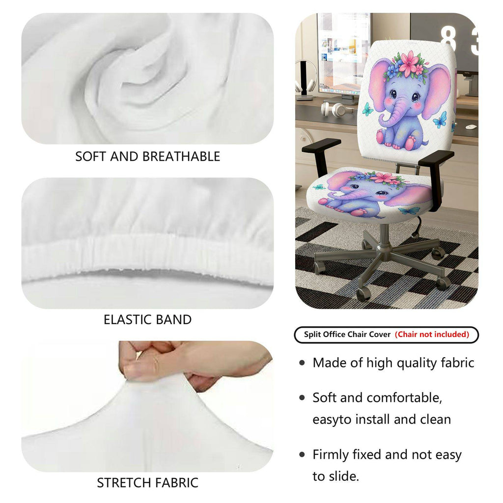 2-Piece Cute Elephant Flower Butterfly  Computer Chair Cover Set, Seat and Backrest