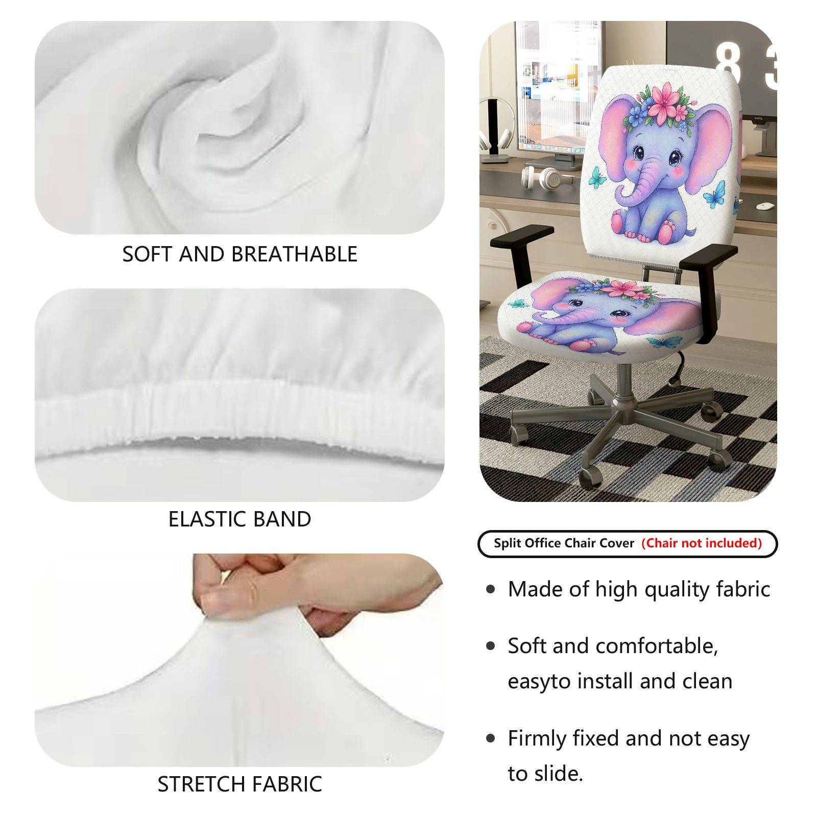 2-Piece Cute Elephant Flower Butterfly  Computer Chair Cover Set, Seat and Backrest