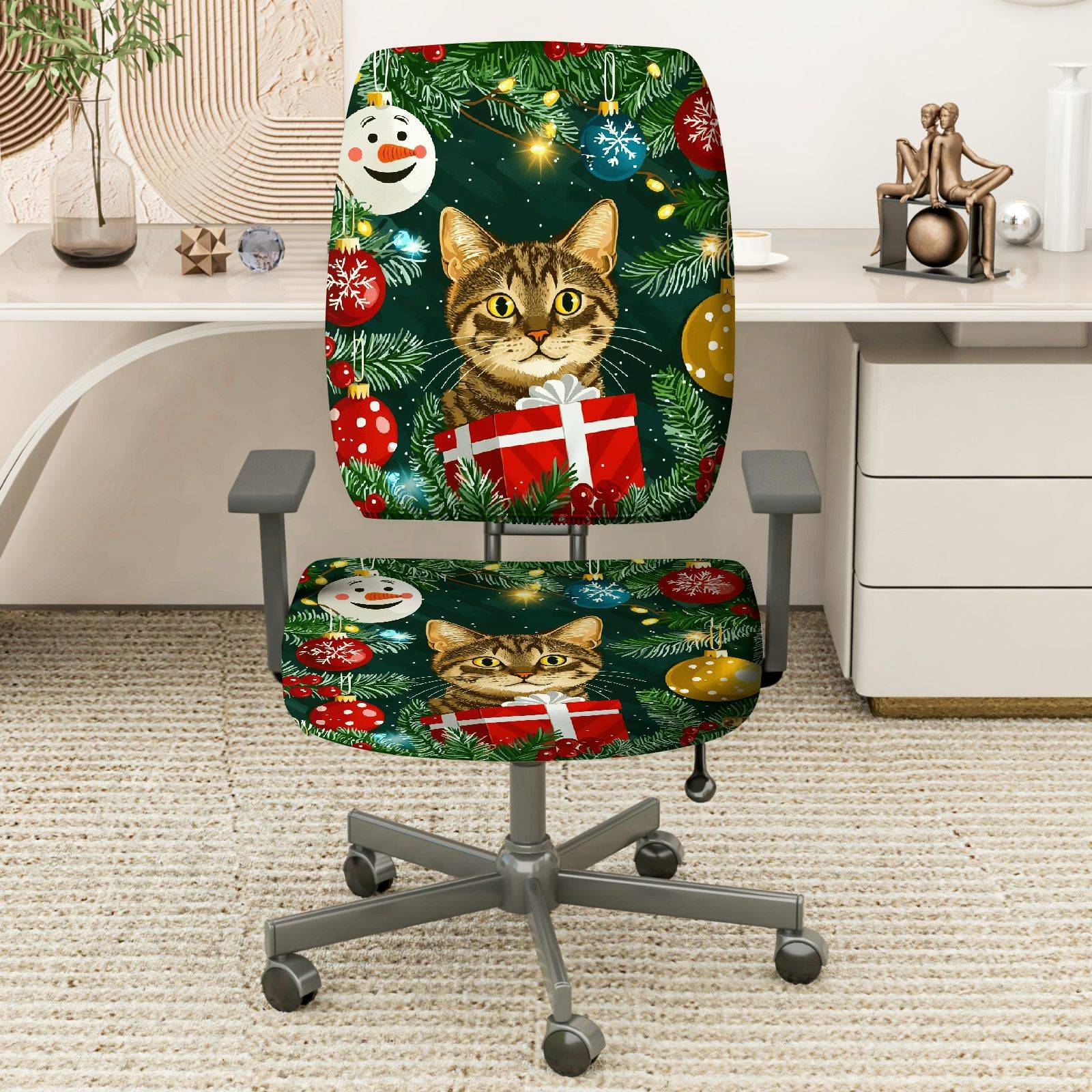 2-Piece Christmas Cat Gift Ornament Tree Festive  Computer Chair Cover Set, Seat and Backrest