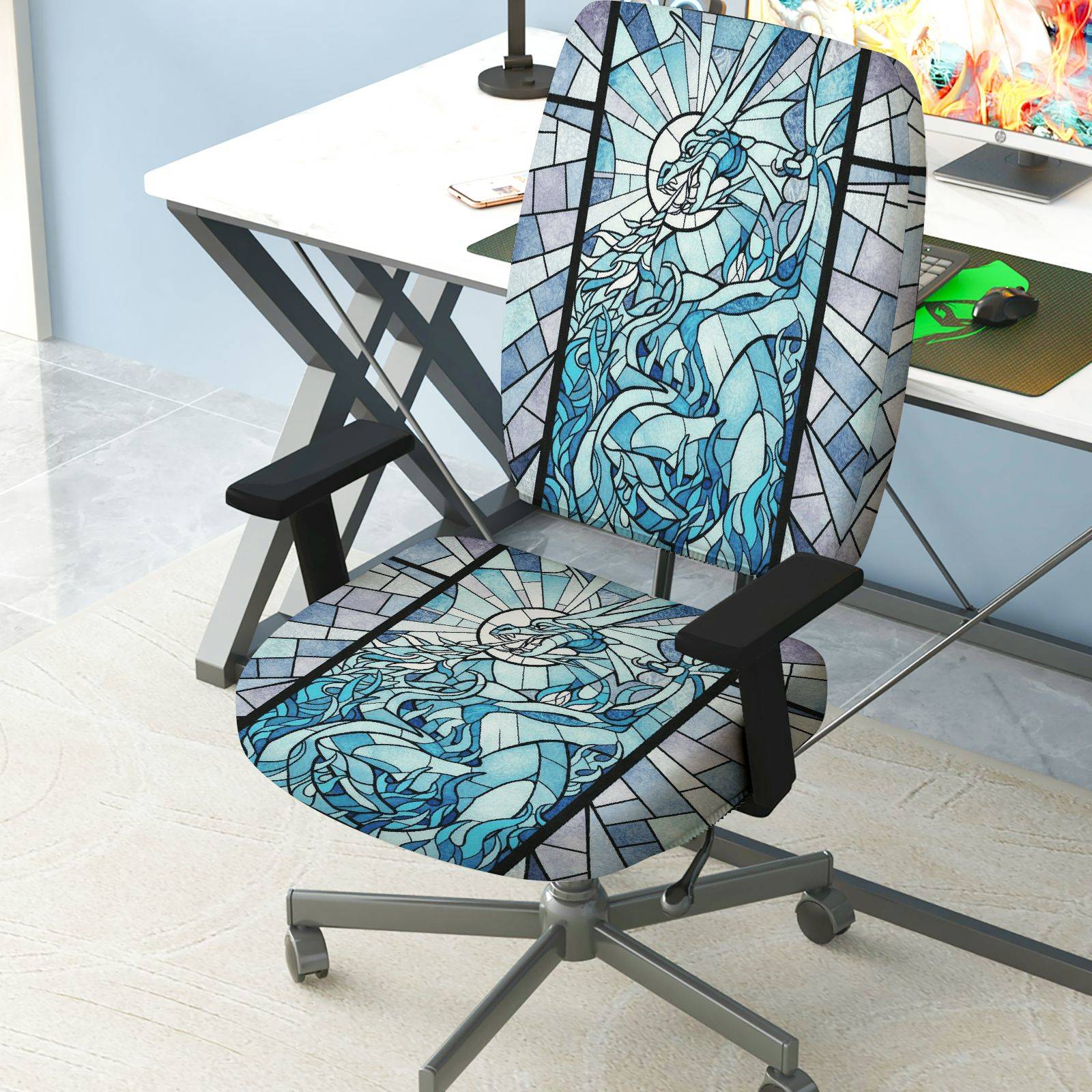 2-Piece Abstract Geometric Art Stained Glass Unicorn Blue  Computer Chair Cover Set, Seat and Backrest