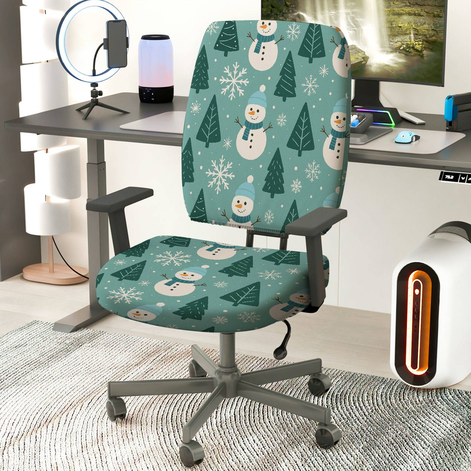 2-Piece Christmas Snowman Pine Tree Snowflake Holiday Winter  Computer Chair Cover Set, Seat and Backrest