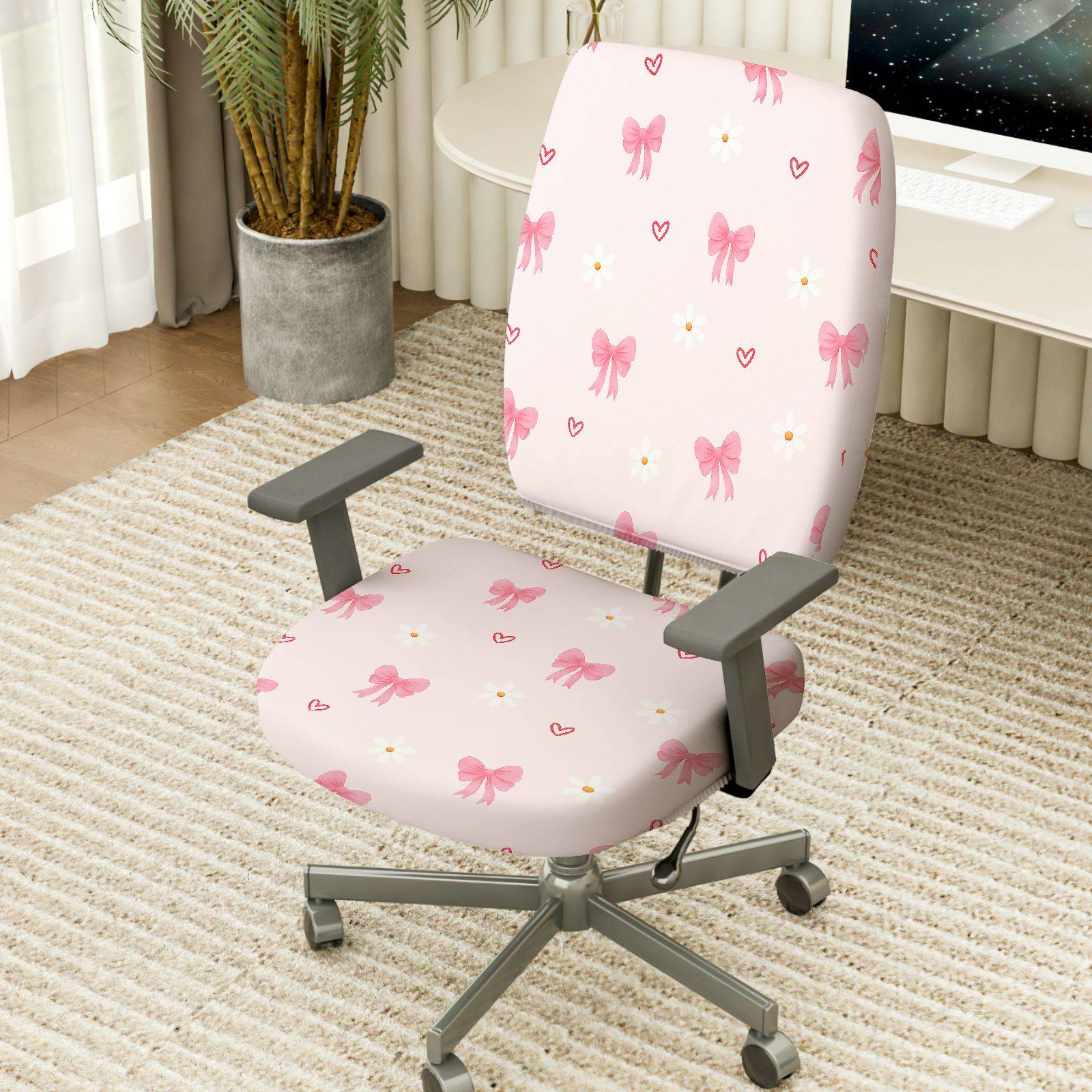 2-Piece Pink Bowknot Daisy Heart Cute  Computer Chair Cover Set, Seat and Backrest