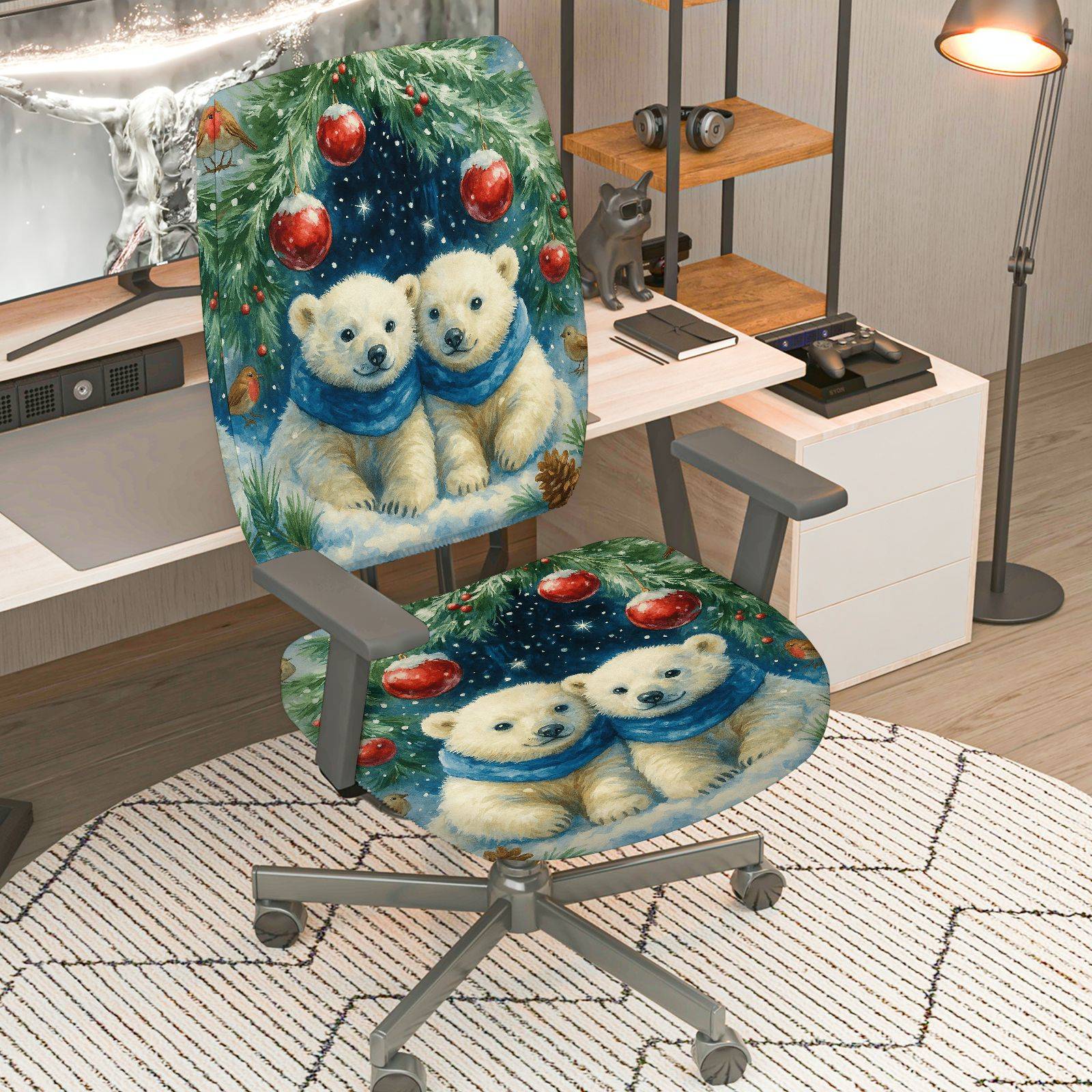 2-Piece Christmas Polar Bear Snow Winter Holiday Decor  Computer Chair Cover Set, Seat and Backrest