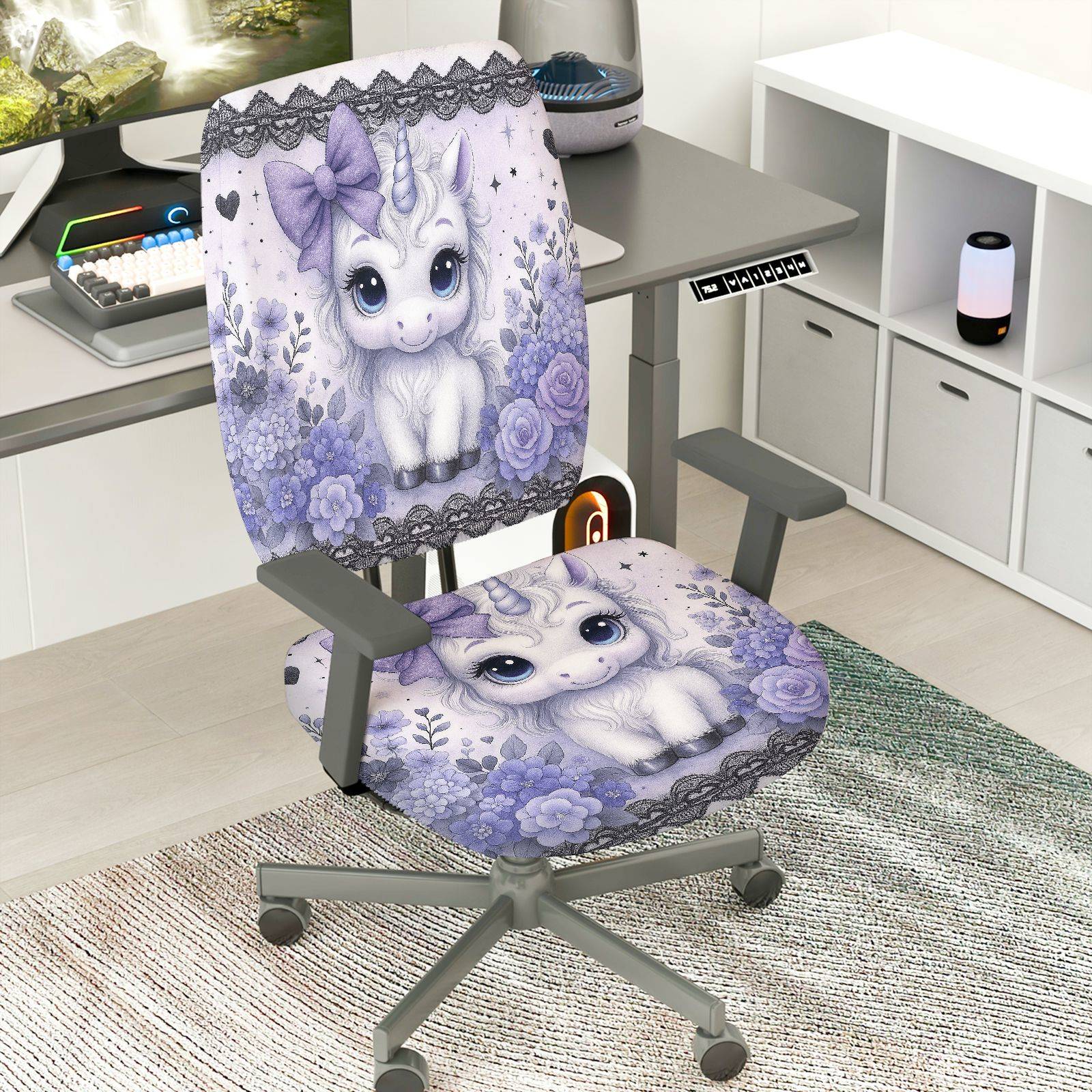 2-Piece Unicorn Floral Cute Purple Fantasy  Computer Chair Cover Set, Seat and Backrest