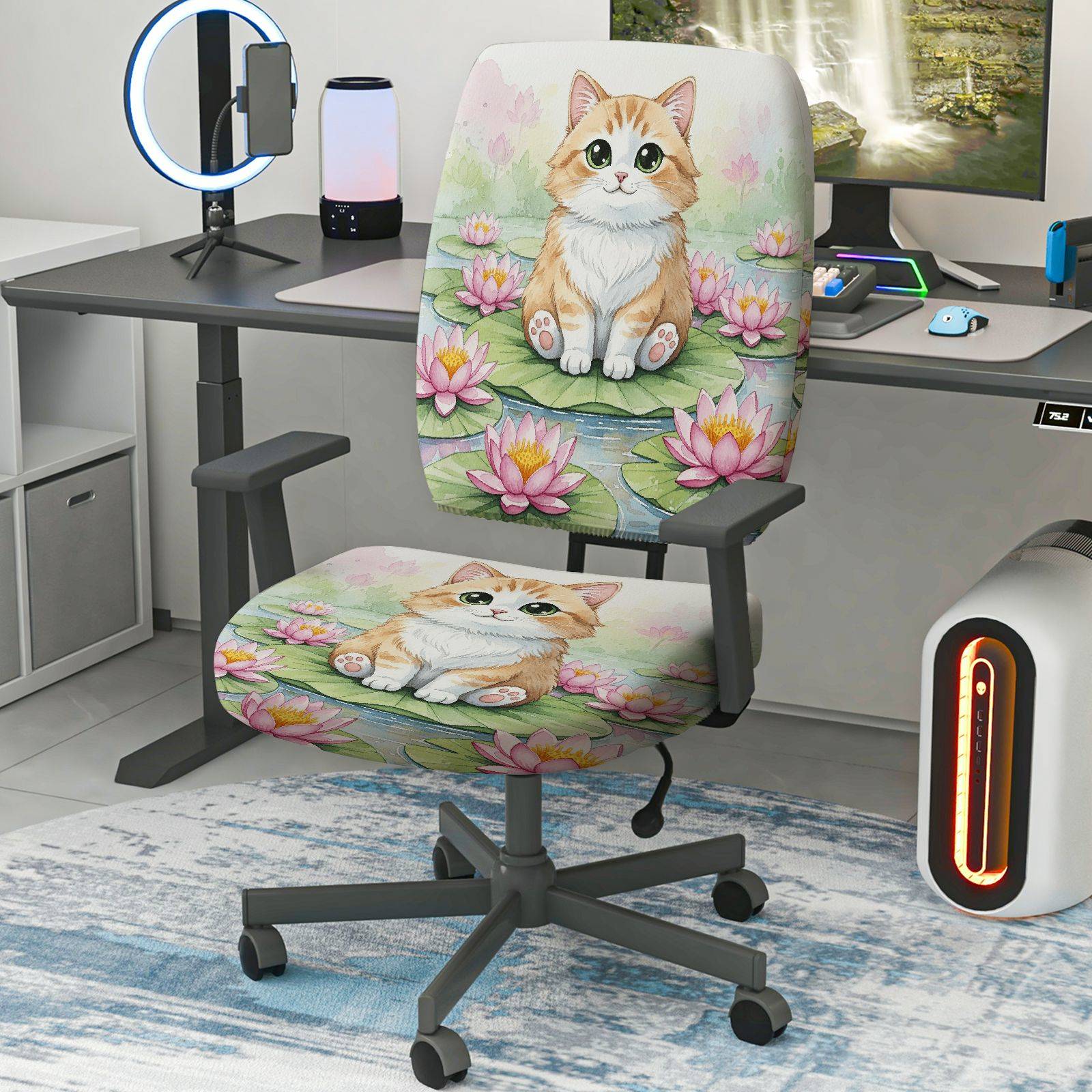 2-Piece Cute Cat Floral Lily Pond  Computer Chair Cover Set, Seat and Backrest