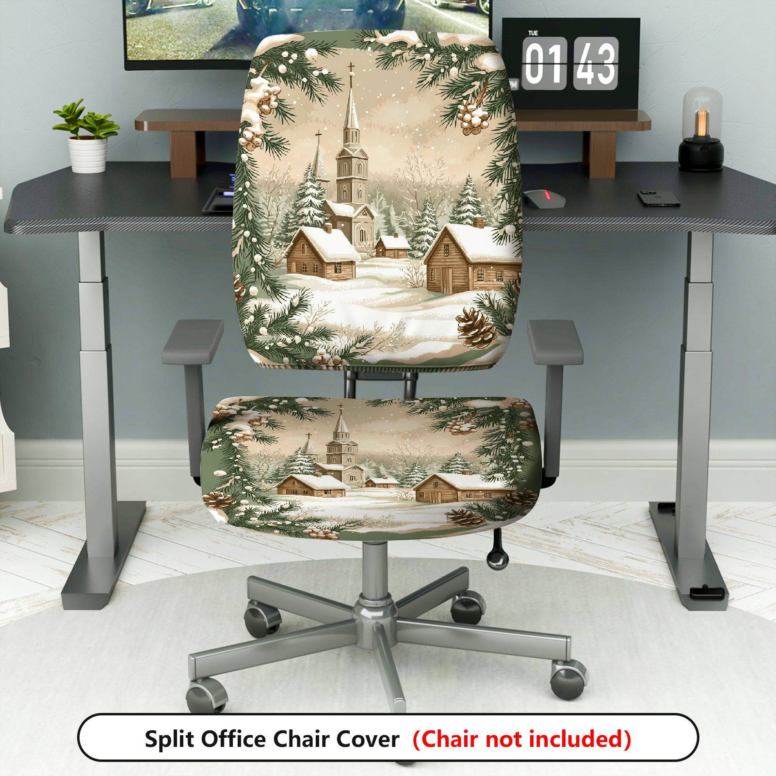 2-Piece Christmas Winter Cottage Pine Snow  Computer Chair Cover Set, Seat and Backrest