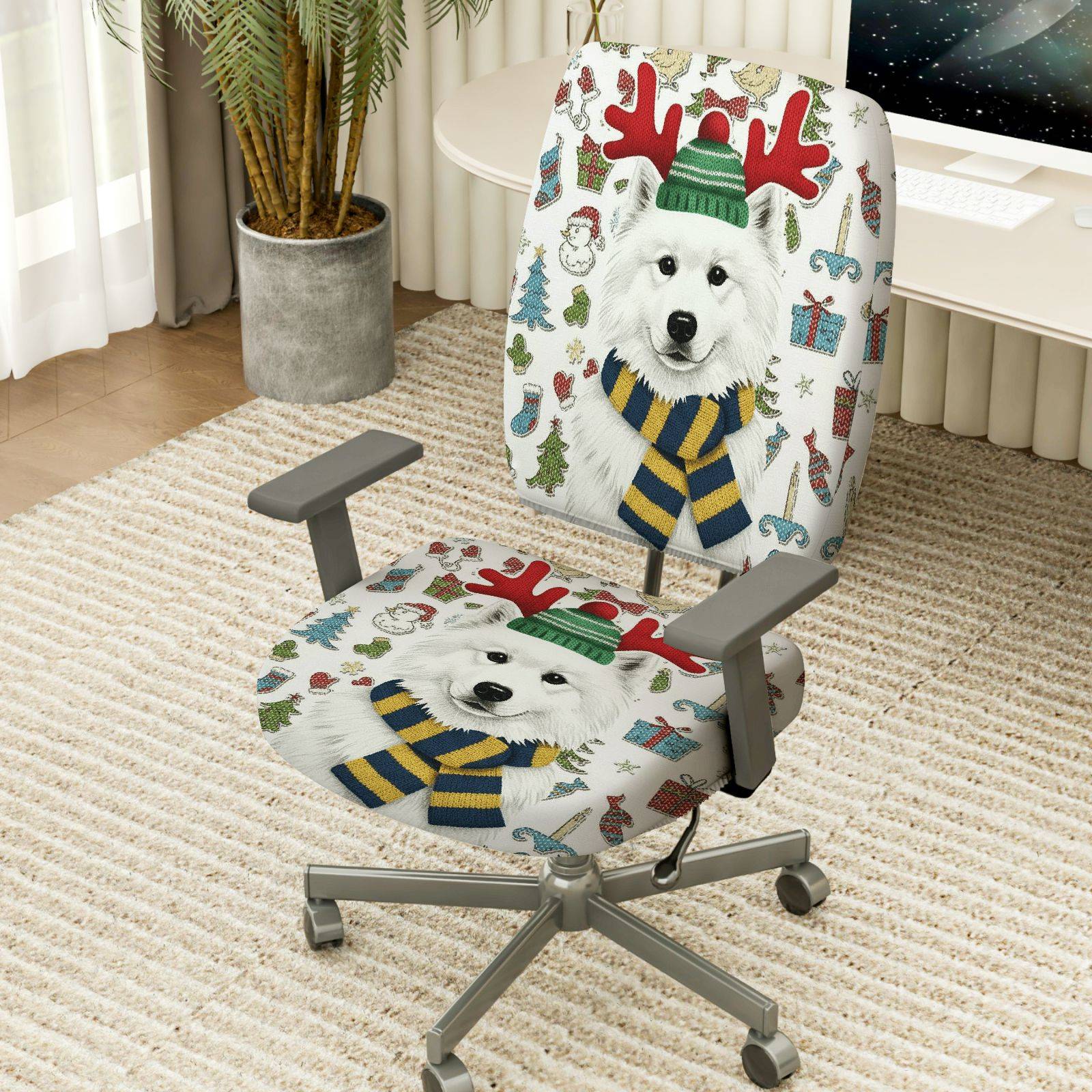 2-Piece Christmas Reindeer Dog Winter Holiday Snow  Computer Chair Cover Set, Seat and Backrest