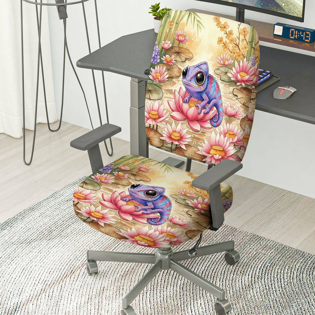 2-Piece Chameleon Lotus Flower Artistic Colorful Nature  Computer Chair Cover Set, Seat and Backrest