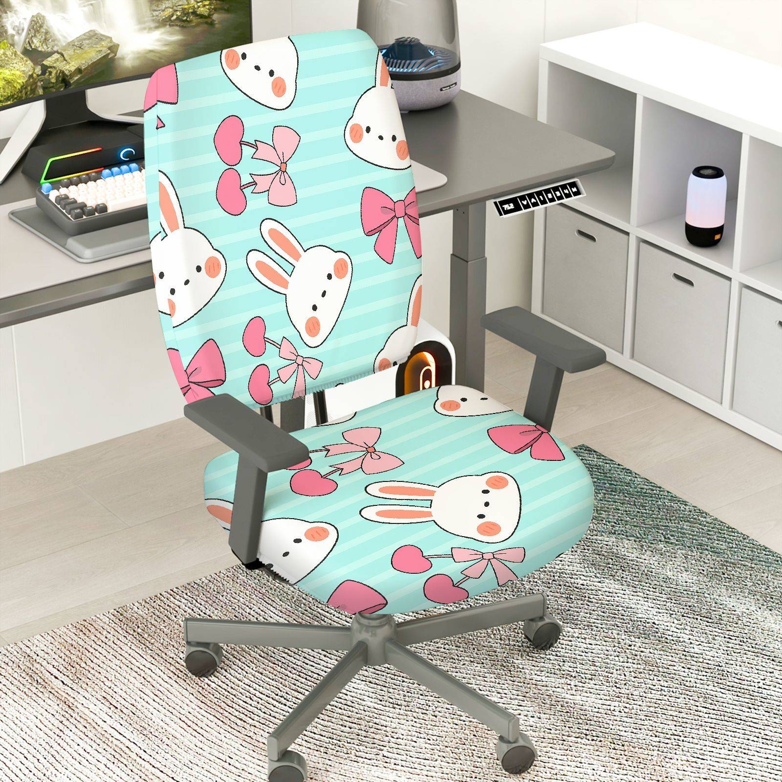2-Piece Adorable Rabbit Pink Bow Heart Striped  Computer Chair Cover Set, Seat and Backrest