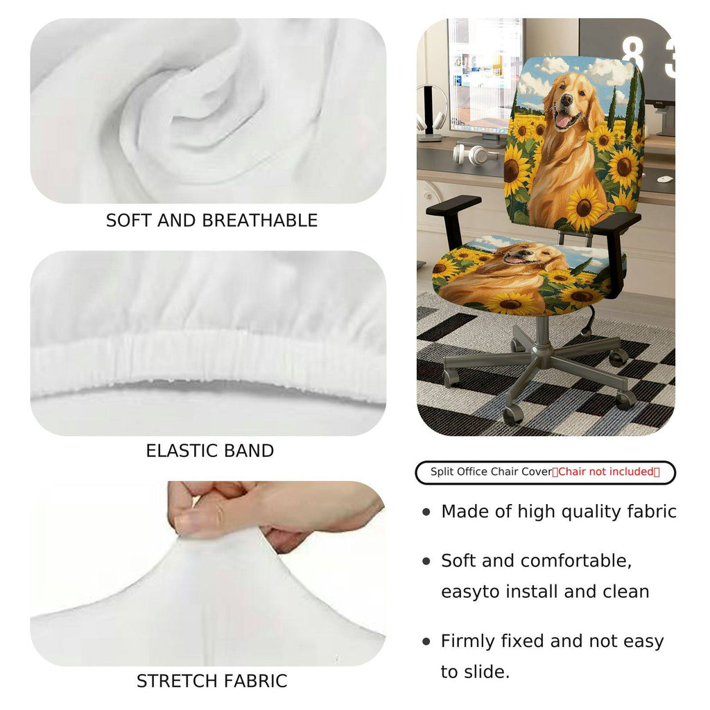 2-Piece Dog Sunflower Nature Landscape Happy Pet Golden Retriever  Computer Chair Cover Set, Seat and Backrest
