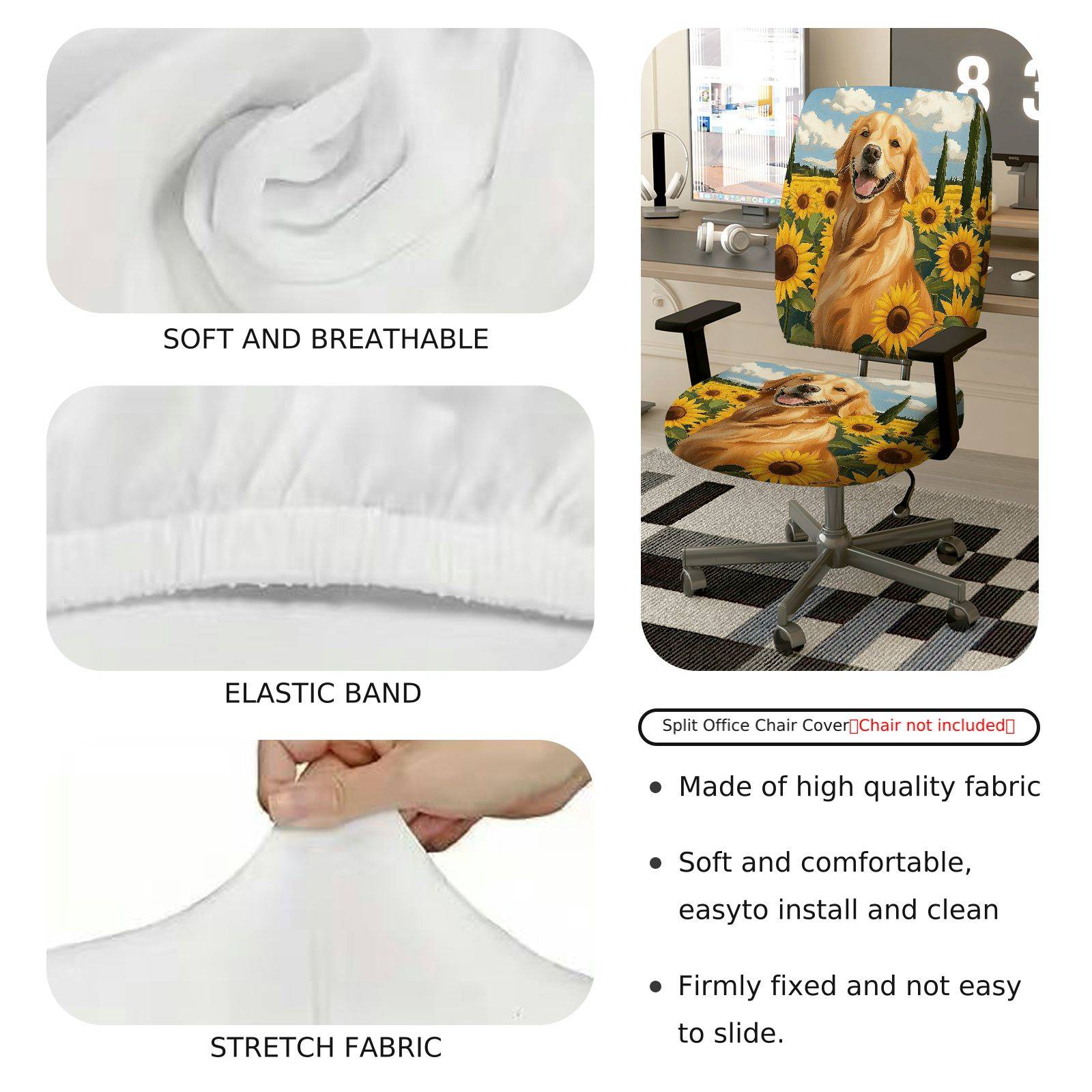 2-Piece Dog Sunflower Nature Landscape Happy Pet Golden Retriever  Computer Chair Cover Set, Seat and Backrest