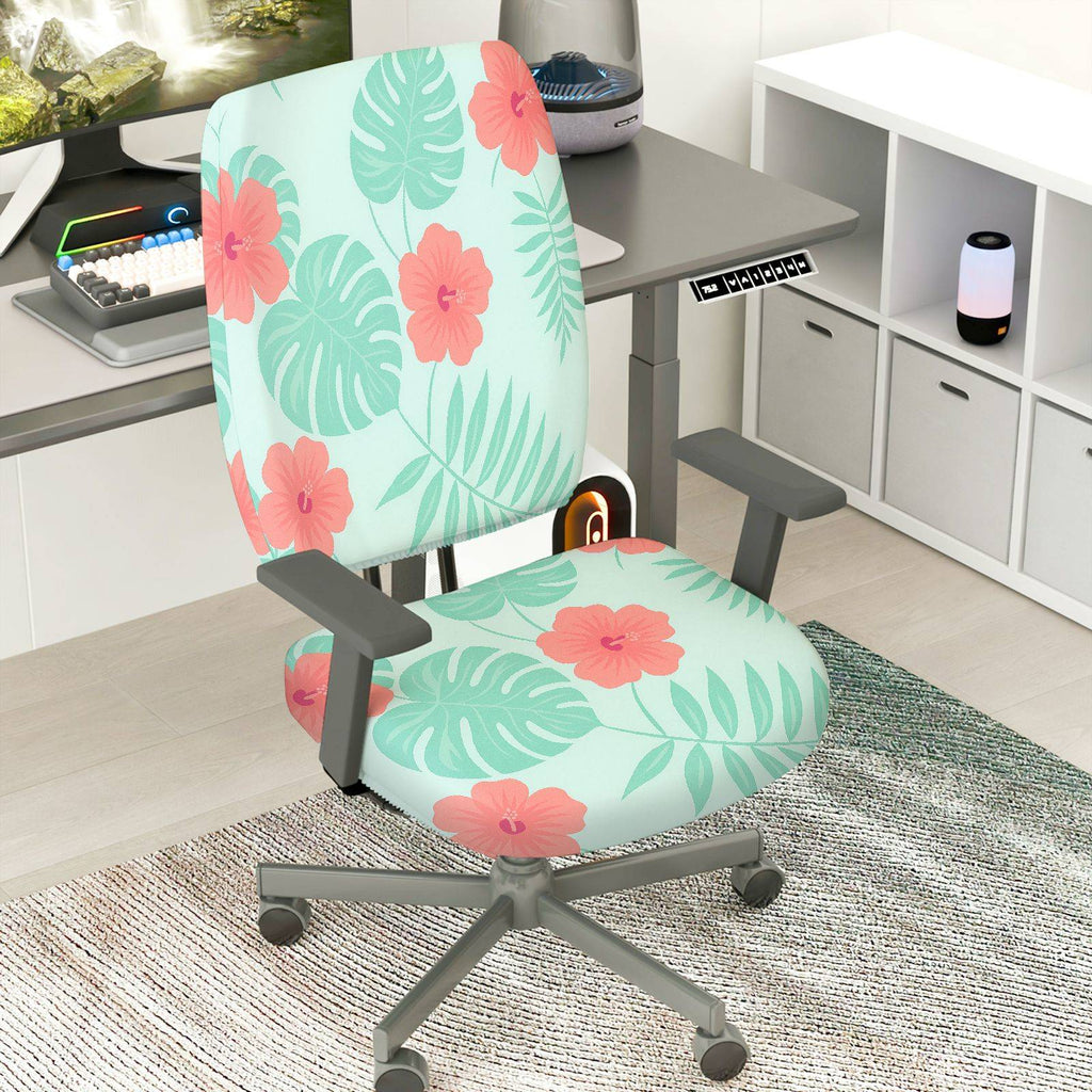2-Piece Tropical Flower Leaf Pattern Green Pink  Computer Chair Cover Set, Seat and Backrest