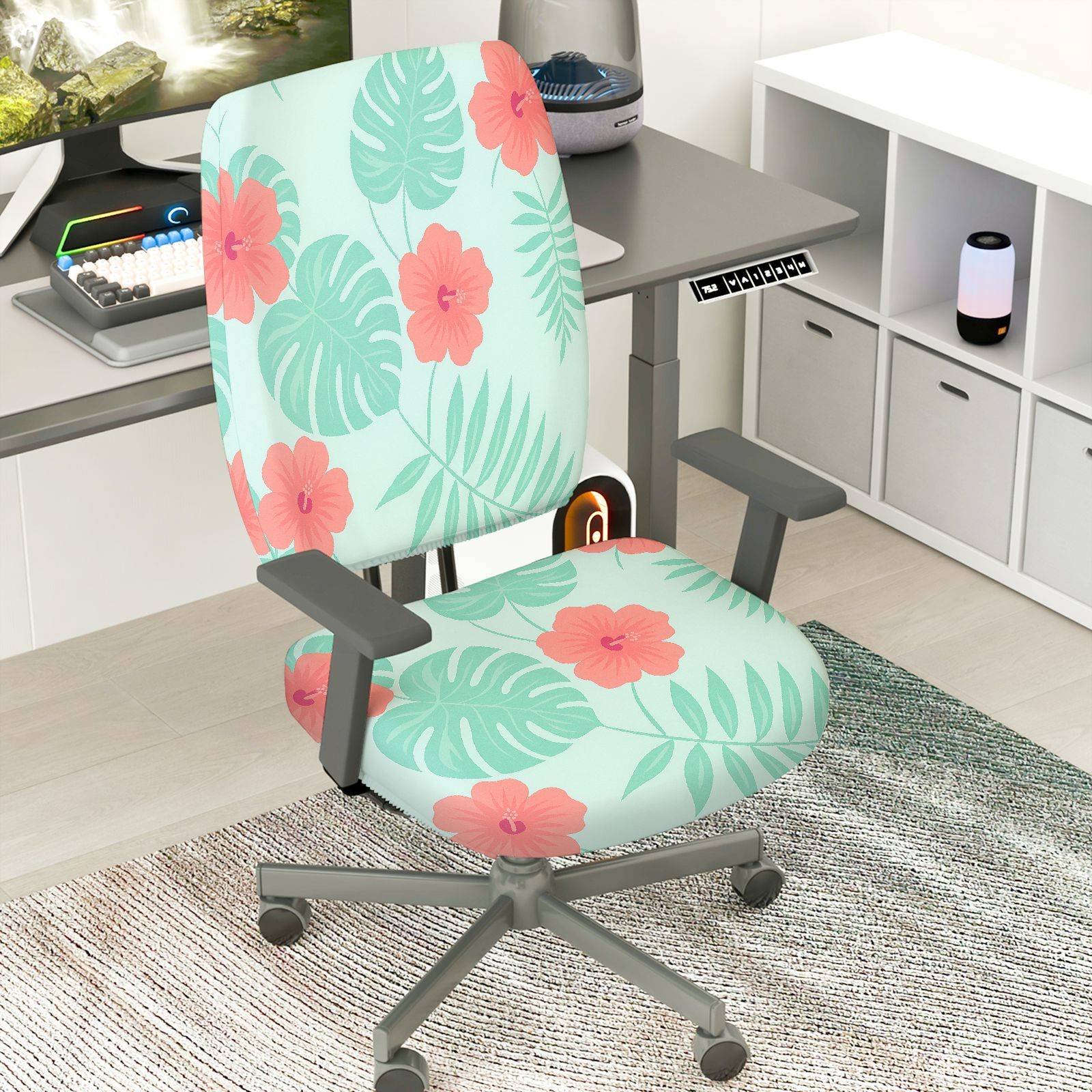 2-Piece Tropical Flower Leaf Pattern Green Pink  Computer Chair Cover Set, Seat and Backrest