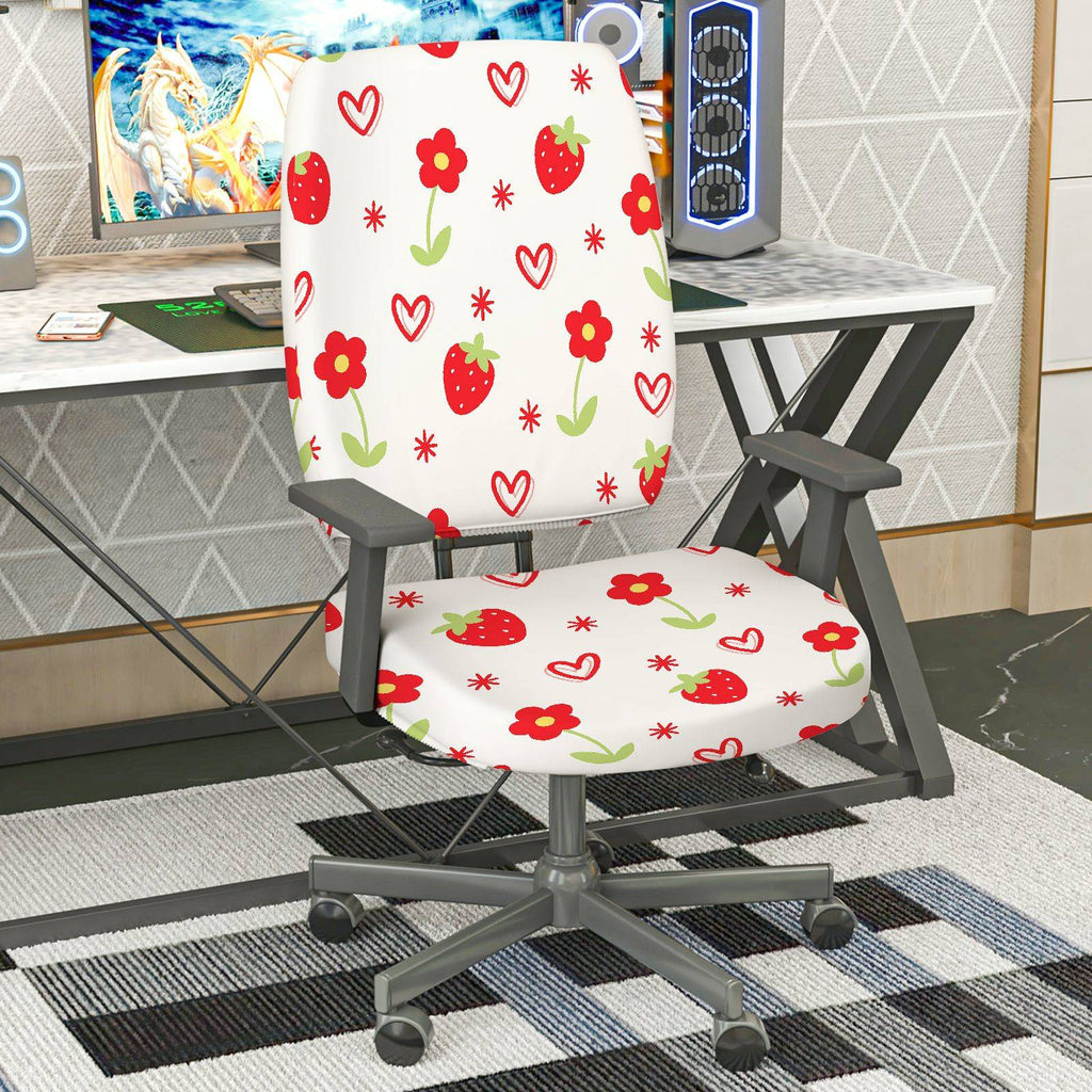 2-Piece Strawberry Flower Heart Pattern  Computer Chair Cover Set, Seat and Backrest