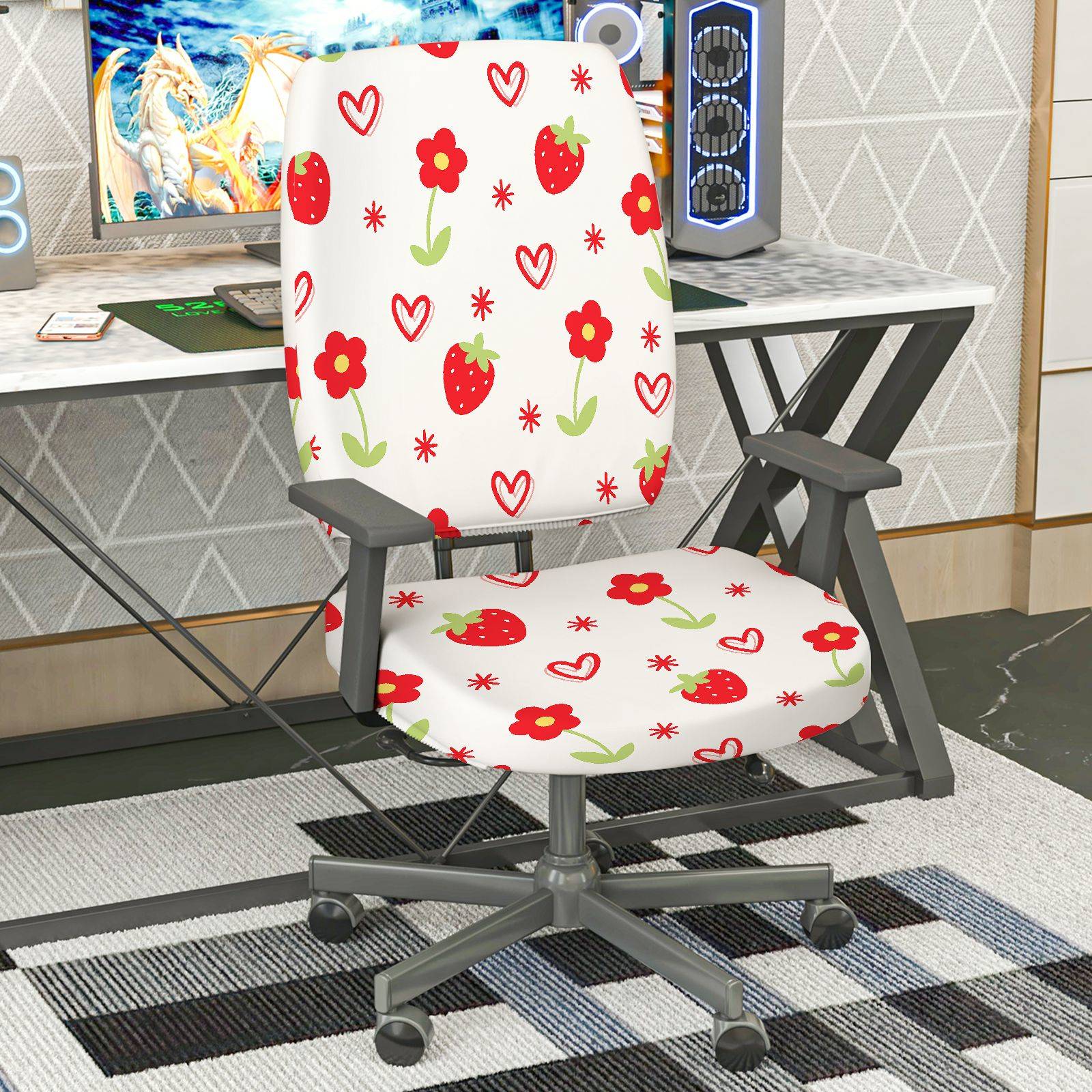 2-Piece Strawberry Flower Heart Pattern  Computer Chair Cover Set, Seat and Backrest