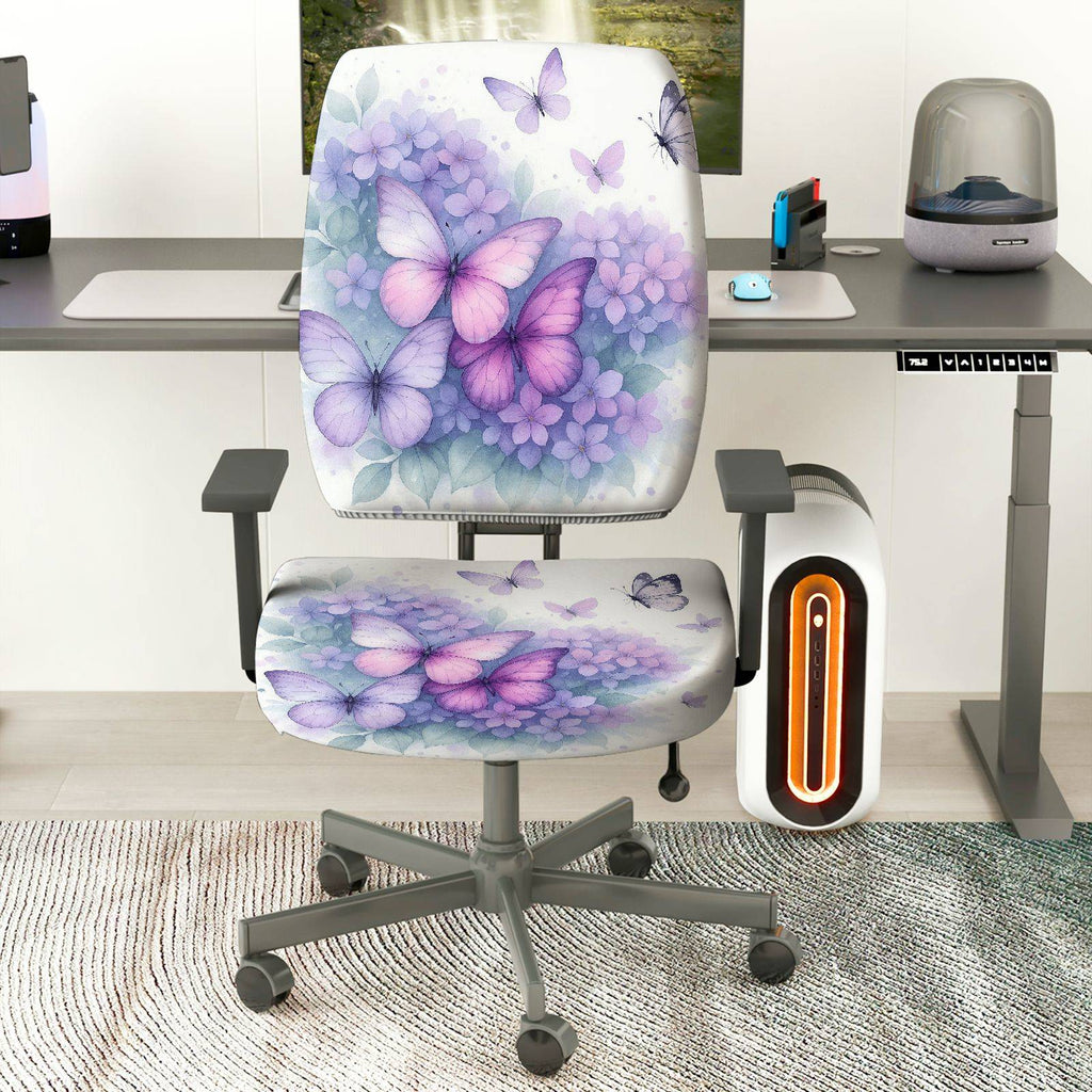2-Piece Butterfly Floral Pastel Elegant Delicate  Computer Chair Cover Set, Seat and Backrest