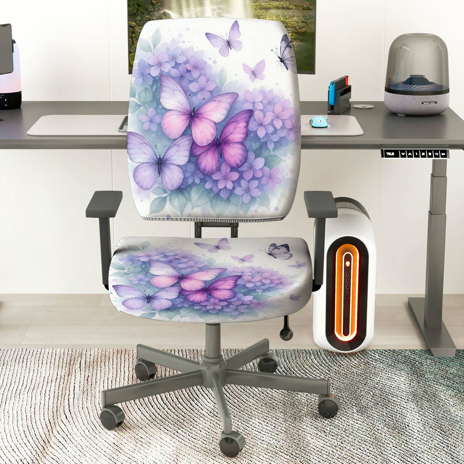 2-Piece Butterfly Floral Pastel Elegant Delicate  Computer Chair Cover Set, Seat and Backrest