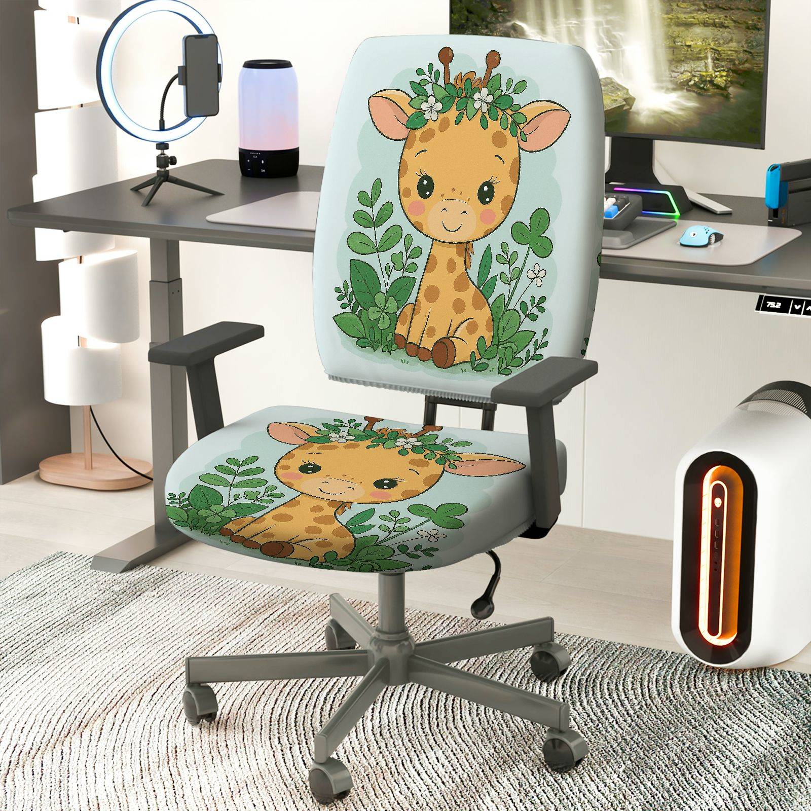 2-Piece Cute Giraffe Animal Jungle Pattern Greenery  Computer Chair Cover Set, Seat and Backrest
