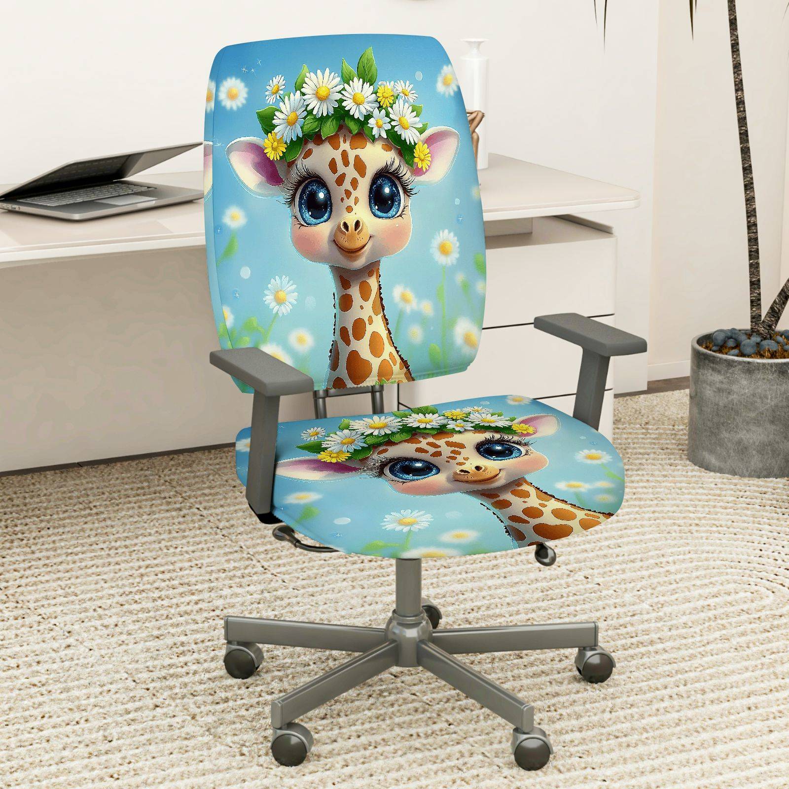 2-Piece Cute Giraffe Flower Decor Animal  Computer Chair Cover Set, Seat and Backrest