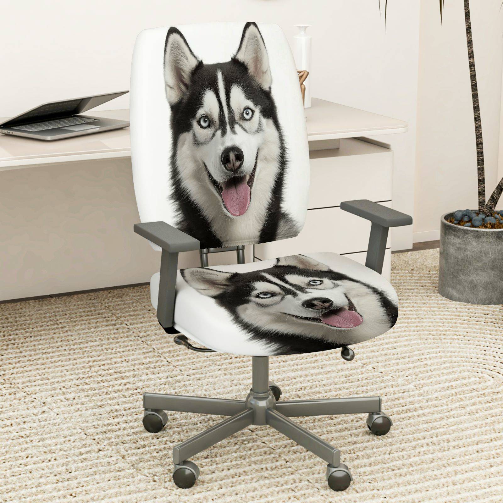 2-Piece Cute Husky Dog Animal Print Stretch  Computer Chair Cover Set, Seat and Backrest