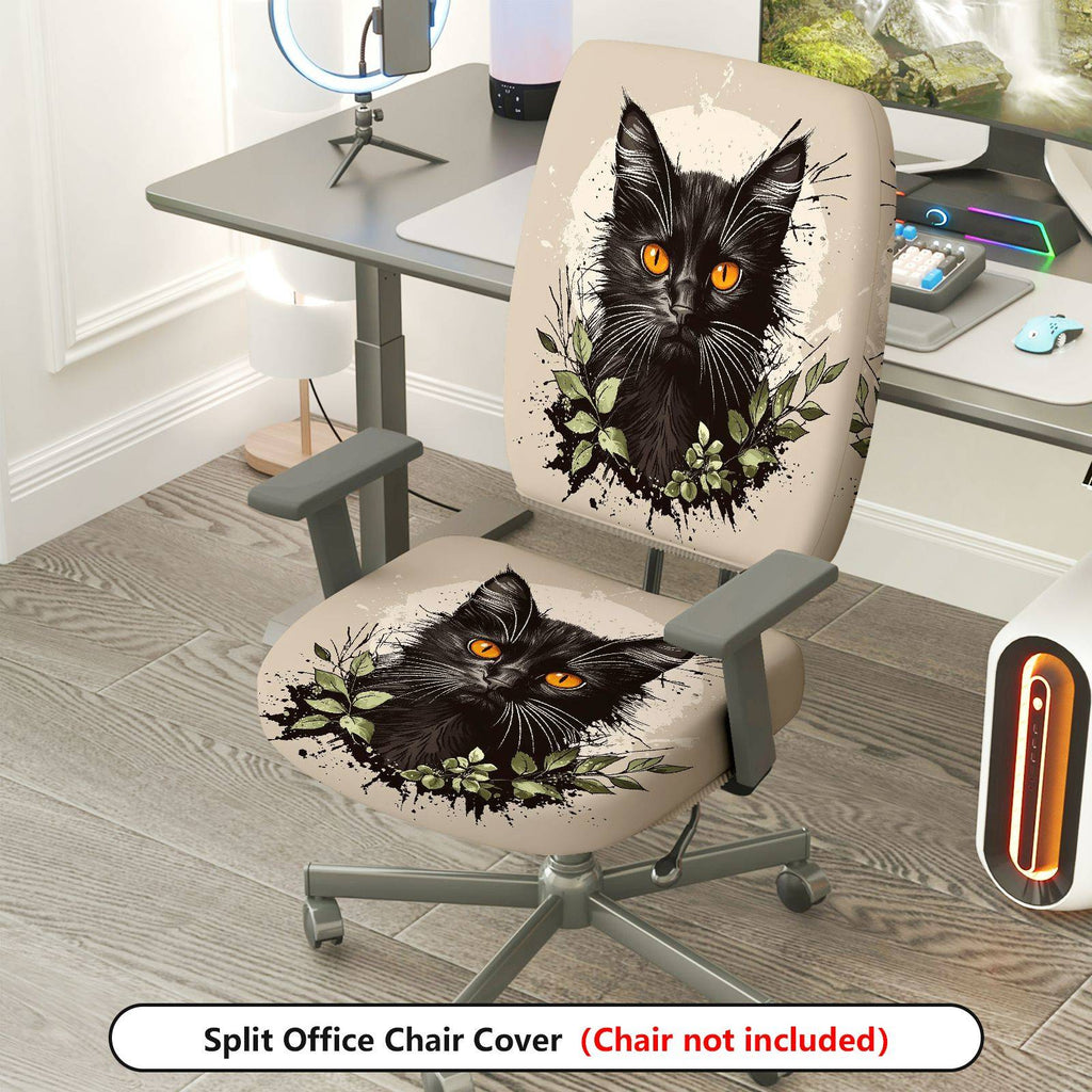 2-Piece Black Cat Floral Animal Pattern  Computer Chair Cover Set, Seat and Backrest