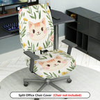 2-Piece Cute Cat Floral Leaf Decorative Universal  Computer Chair Cover Set, Seat and Backrest
