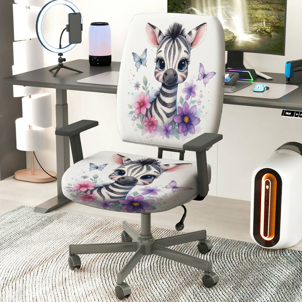 2-Piece Zebra Flower Butterfly Cute  Computer Chair Cover Set, Seat and Backrest
