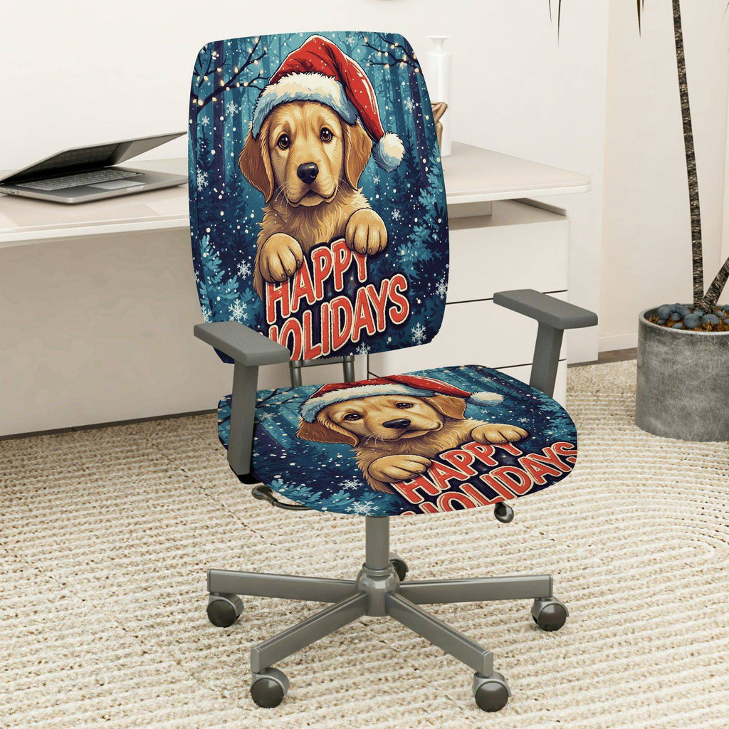 2-Piece Seasonal Puppy Christmas Dog Santa Happy Holidays  Computer Chair Cover Set, Seat and Backrest