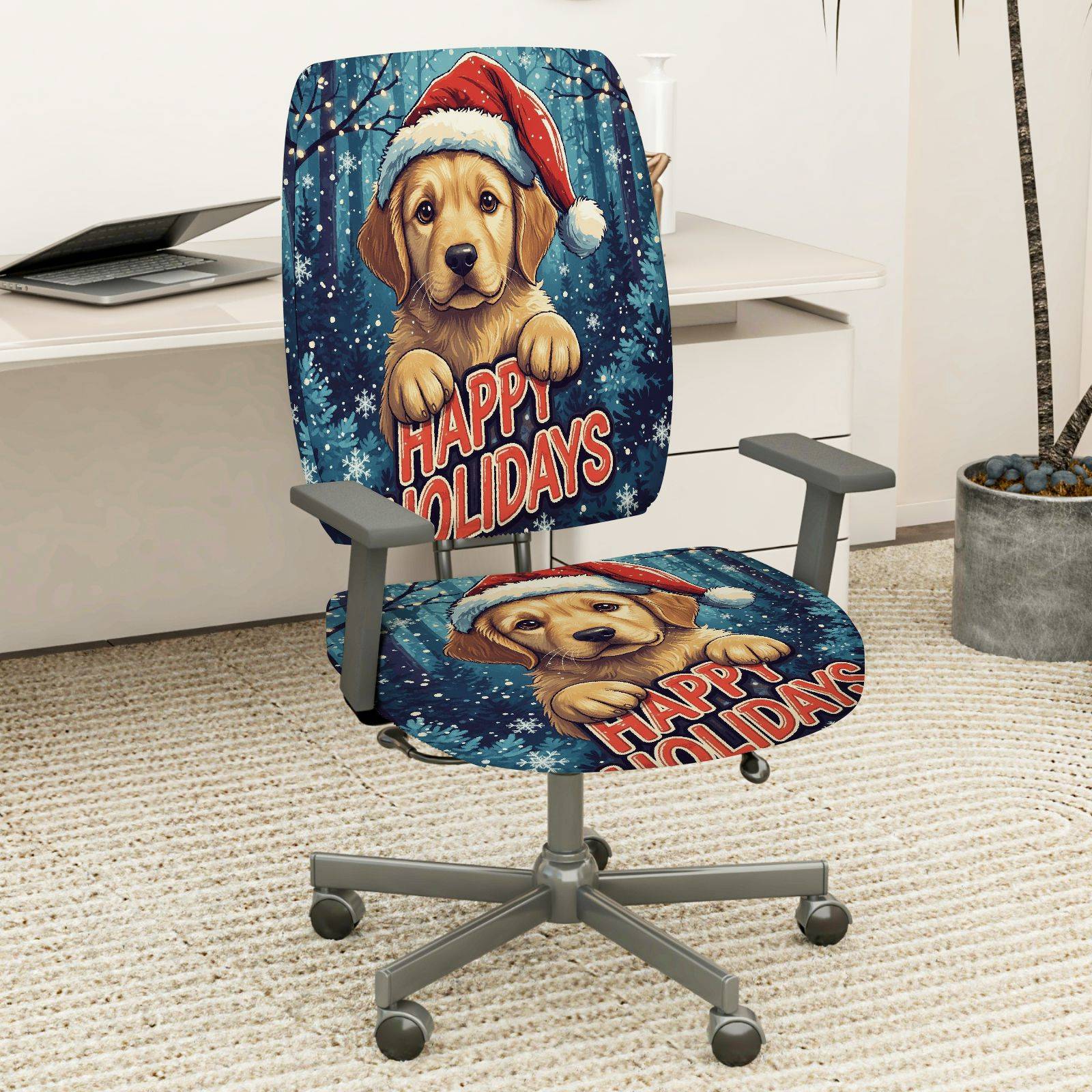 2-Piece Seasonal Puppy Christmas Dog Santa Happy Holidays  Computer Chair Cover Set, Seat and Backrest