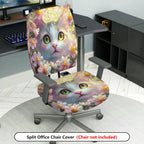 2-Piece Cute Cat Floral Spring Green Eyes Fantasy  Computer Chair Cover Set, Seat and Backrest