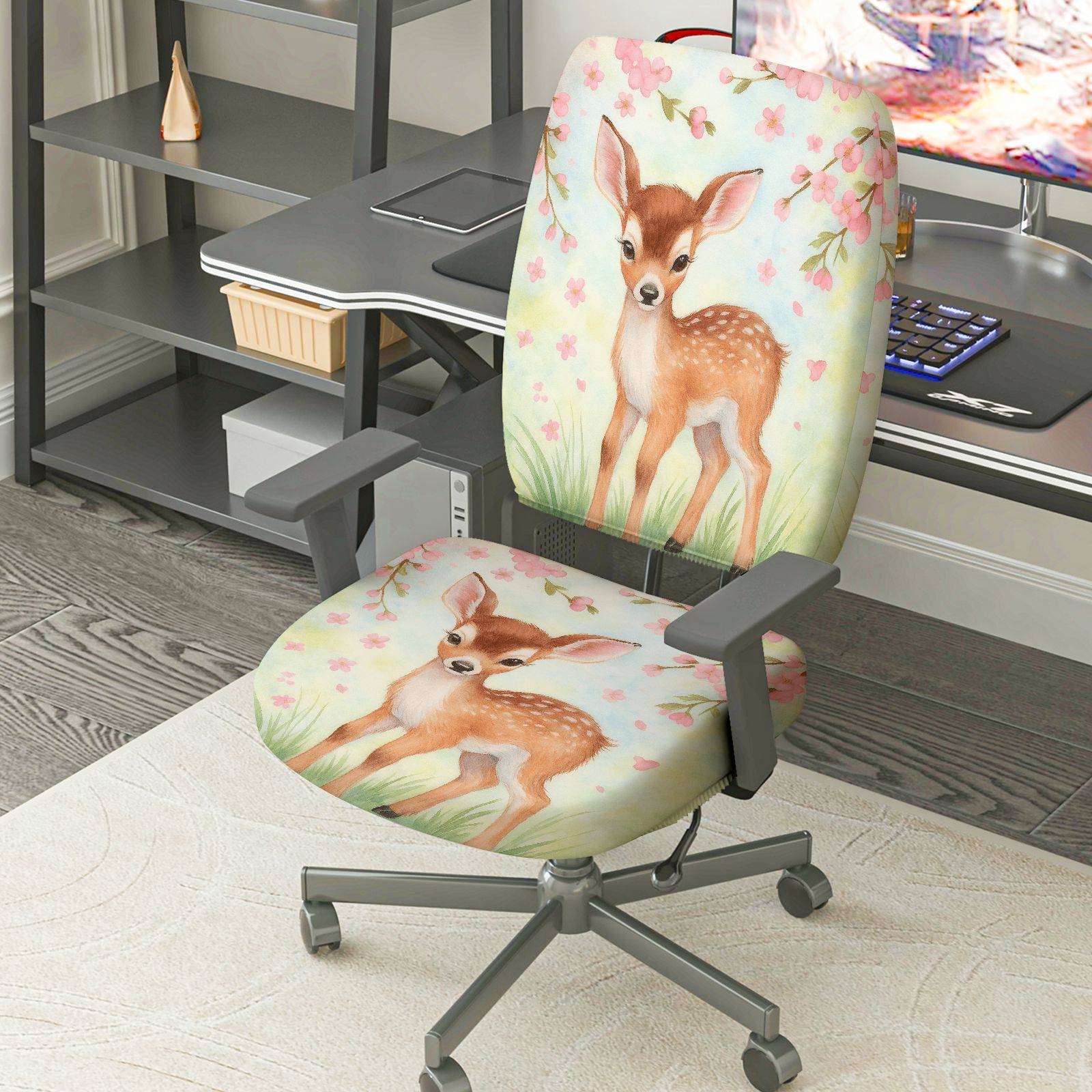 2-Piece Cute Deer Nature Floral Pastoral Spring  Computer Chair Cover Set, Seat and Backrest