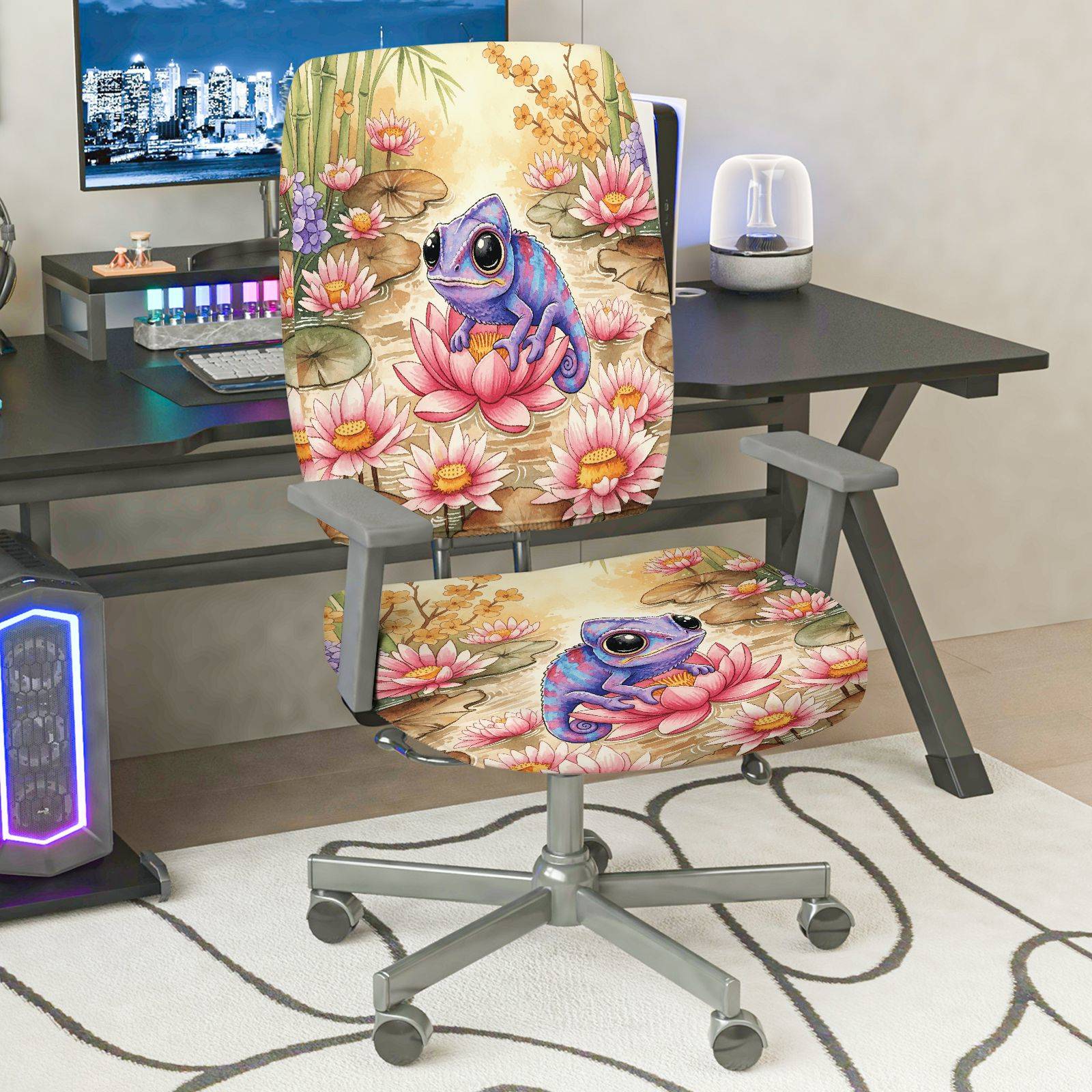 2-Piece Chameleon Lotus Flower Artistic Colorful Nature  Computer Chair Cover Set, Seat and Backrest