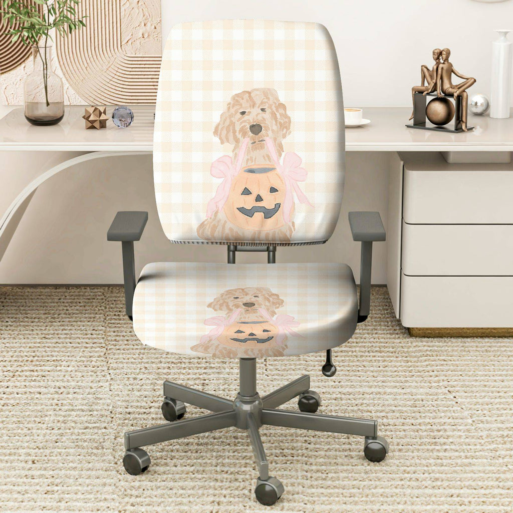 2-Piece Dog Halloween Pumpkin Cute Fun Holiday  Computer Chair Cover Set, Seat and Backrest