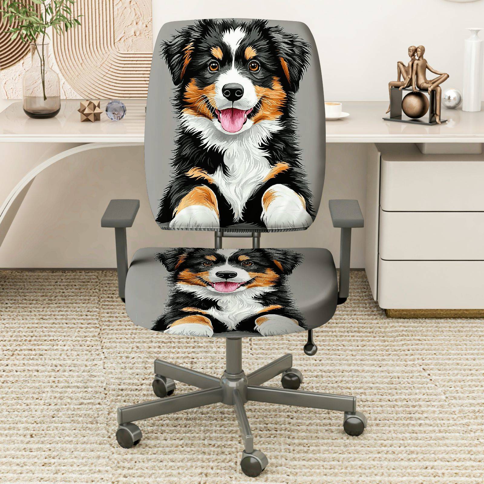2-Piece Dog Puppy Pet Animal Cute Funny  Computer Chair Cover Set, Seat and Backrest