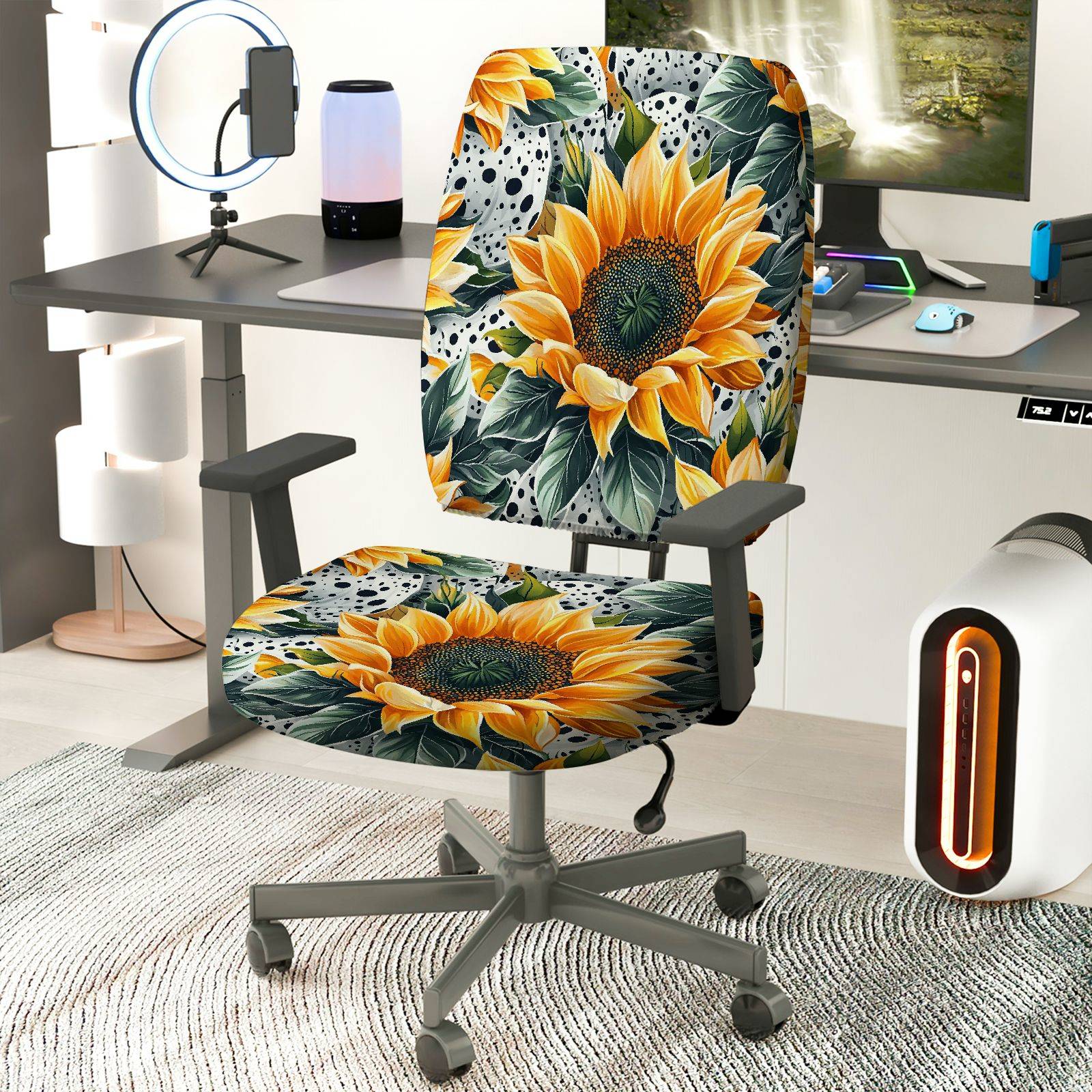 2-Piece Sunflower Floral Nature Pattern Modern Summer  Computer Chair Cover Set, Seat and Backrest