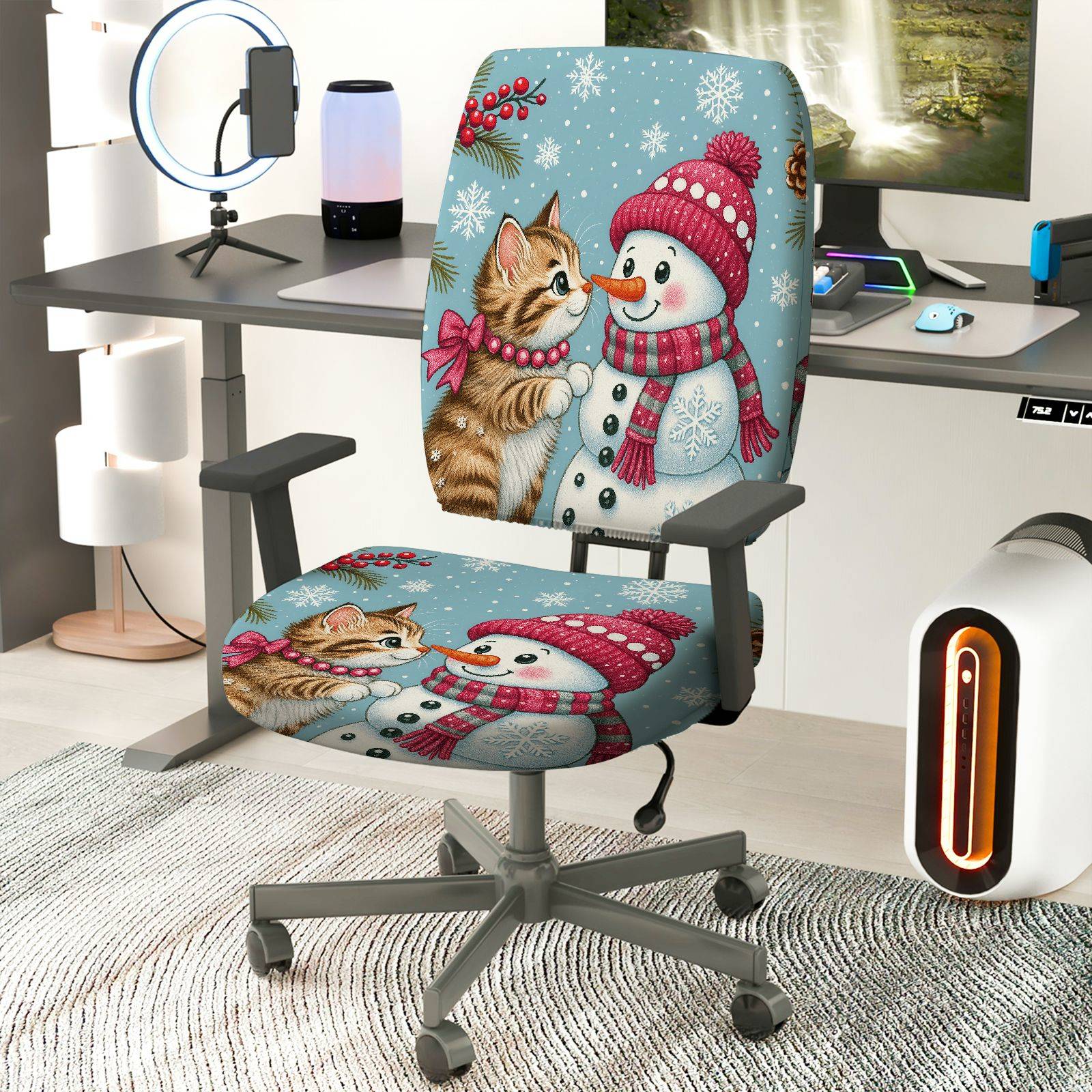 2-Piece Snowman Cat Christmas Winter Holiday Festival  Computer Chair Cover Set, Seat and Backrest
