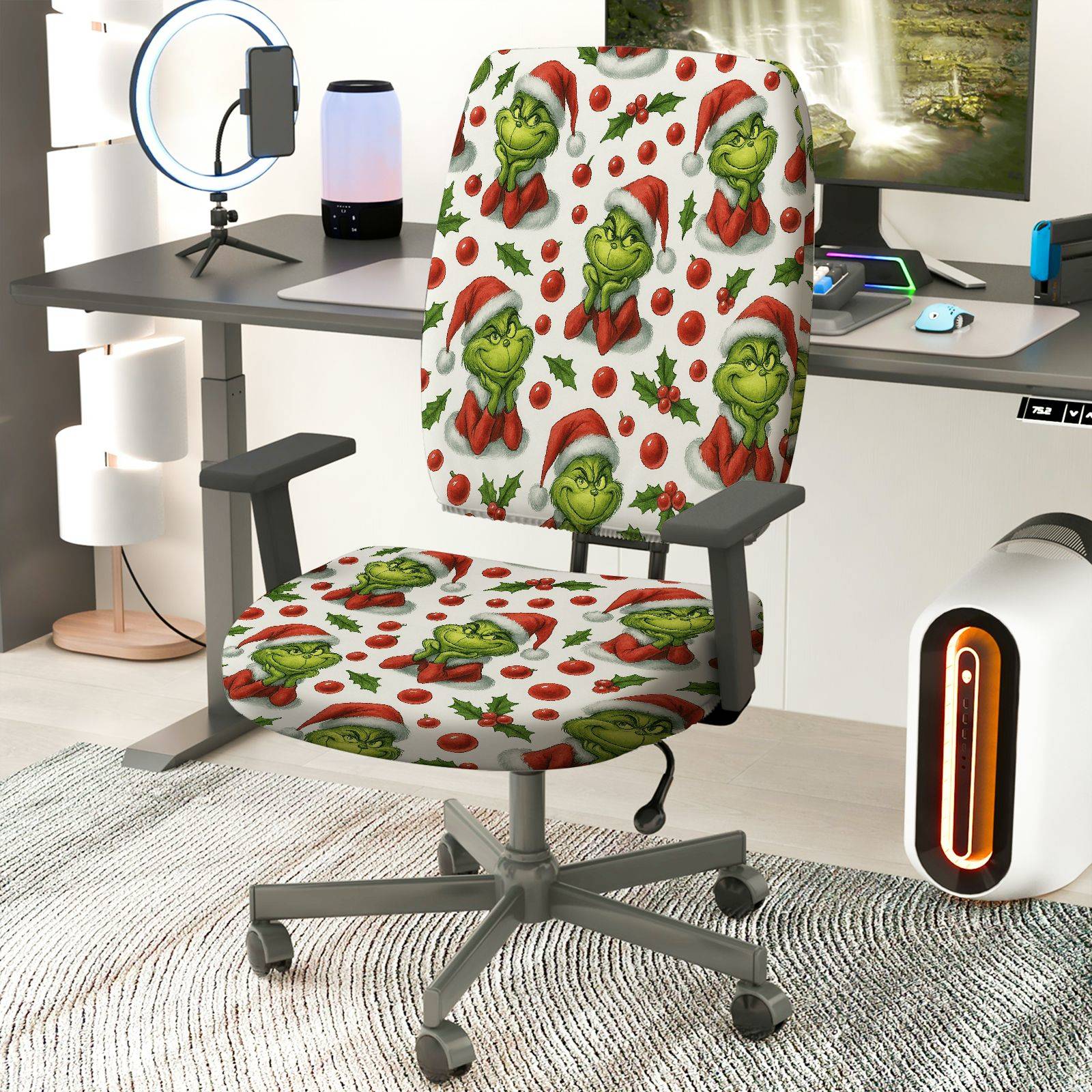 2-Piece Christmas Santa Grinch Holly Berry  Computer Chair Cover Set, Seat and Backrest