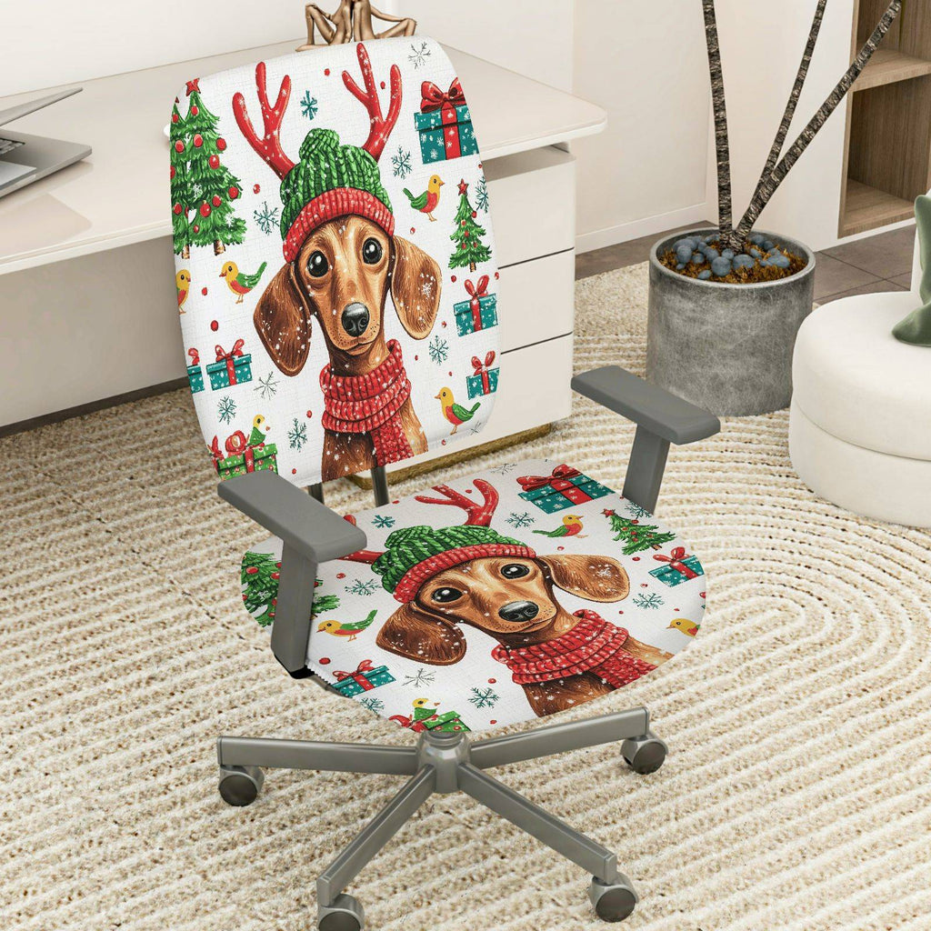 2-Piece Christmas Dog Reindeer Gift Tree Snowflakes  Computer Chair Cover Set, Seat and Backrest