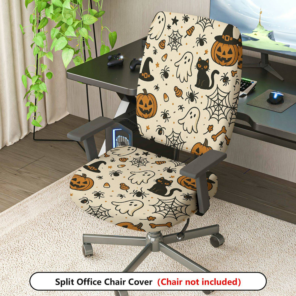 2-Piece Halloween Ghost Pumpkin Cat Spider Web  Computer Chair Cover Set, Seat and Backrest