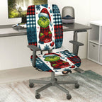 2-Piece Christmas Grinch Plaid Snowflake Holiday  Computer Chair Cover Set, Seat and Backrest