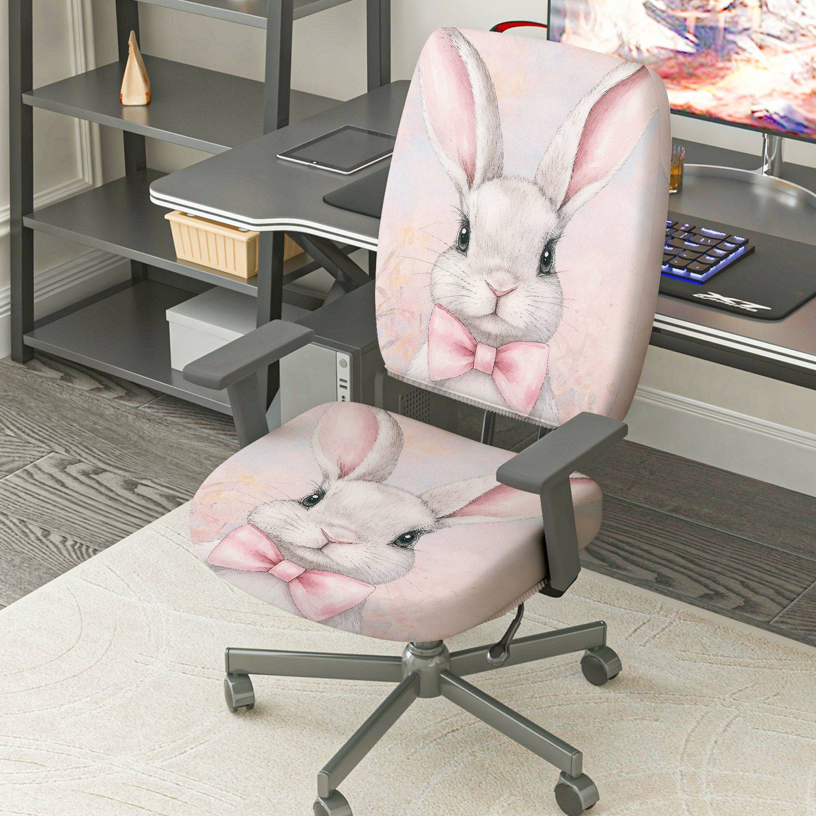 2-Piece Bunny Bow Pink Pattern Cute  Computer Chair Cover Set, Seat and Backrest