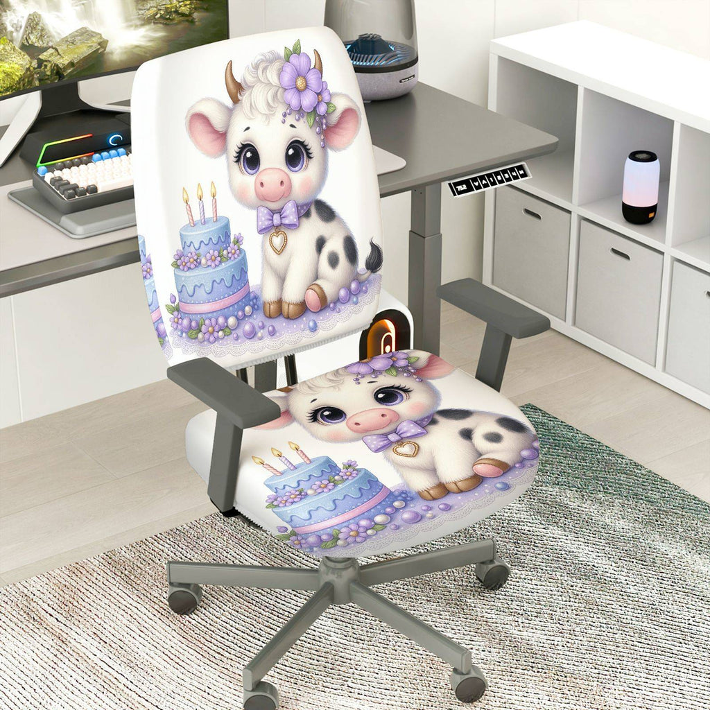 2-Piece Cow Birthday Celebration Cute Decorative  Computer Chair Cover Set, Seat and Backrest
