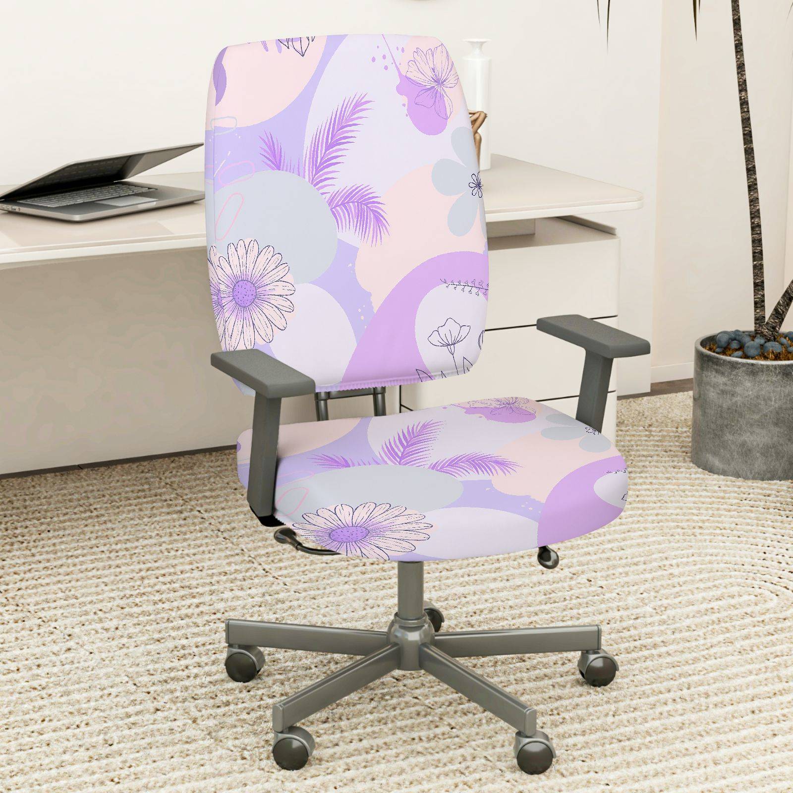 2-Piece Pastel Floral Leaves Abstract Geometry  Computer Chair Cover Set, Seat and Backrest