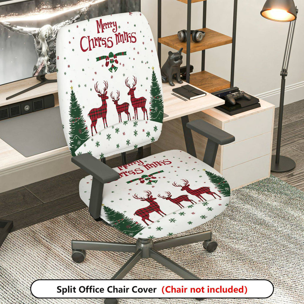 2-Piece Christmas Reindeer Snowflake Tree Plaid  Computer Chair Cover Set, Seat and Backrest